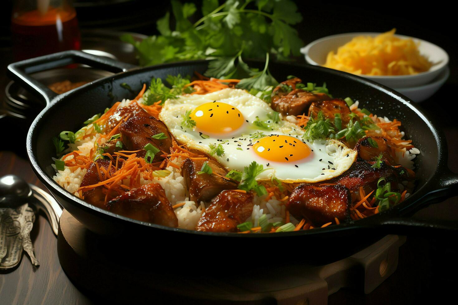 nasi goreng indonésien traditionnel aliments. frit riz poulet avec des œufs et épicé épices par friture concept par ai généré photo