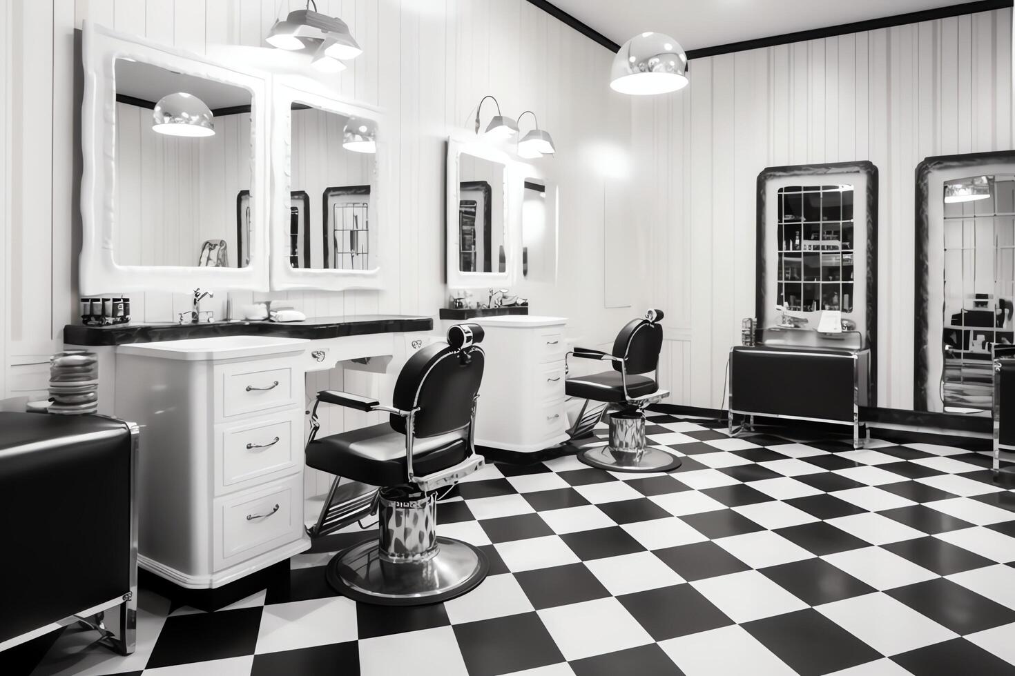 moderne salon de coiffure intérieur avec miroirs chaise et autre équipement près les fenêtres. chaises dans salon de coiffure concept par ai généré photo