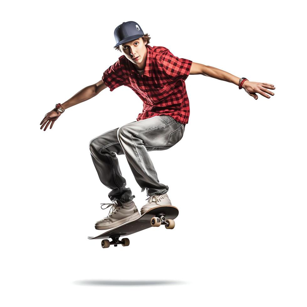 une caucasien homme Faire des trucs ou sauter sur une planche à roulette à le rue. Jeune homme avec patineur sauter concept par ai généré photo