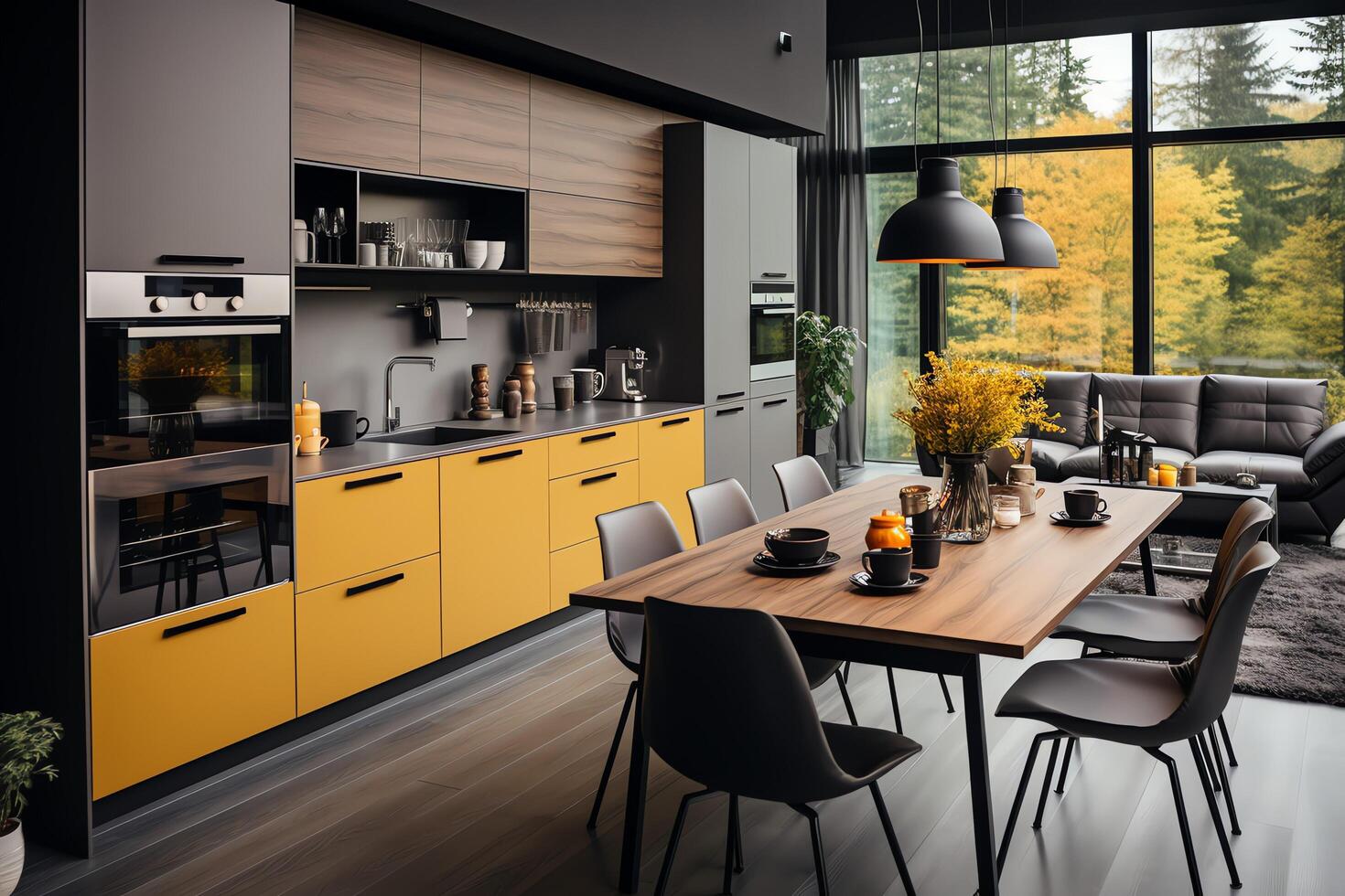 moderne cuisine intérieur conception dans appartement ou maison avec meubles. luxe cuisine Accueil scandinave concept par ai généré photo