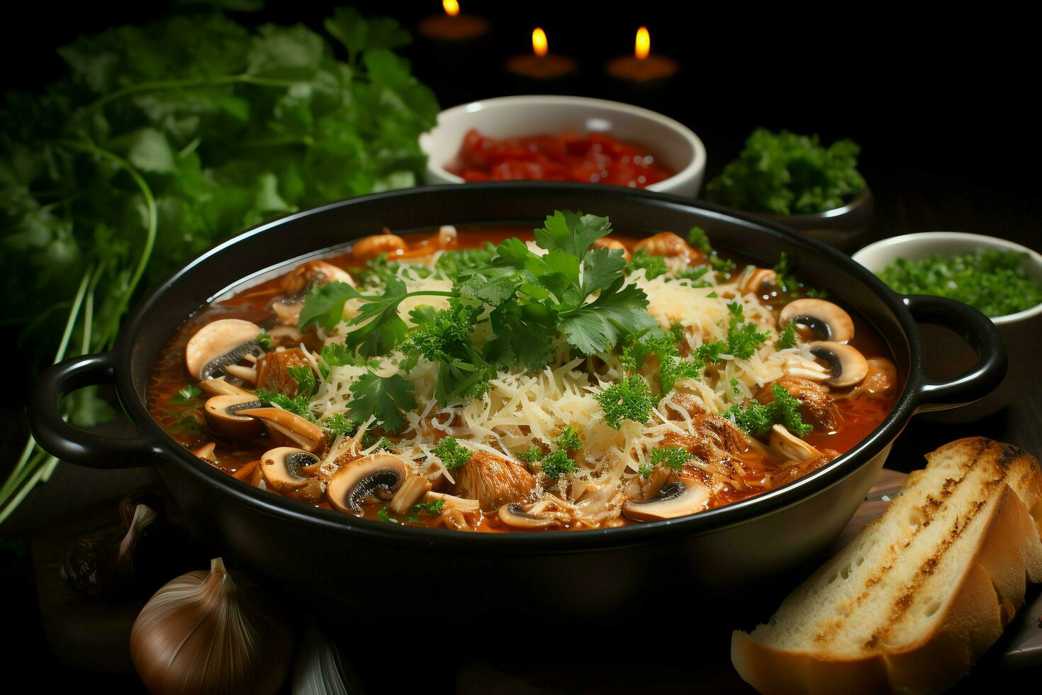 une délicieux poulet soupe nourriture avec des légumes dans une bol. hiver nourriture et haute protéine soupe repas concept par ai généré photo