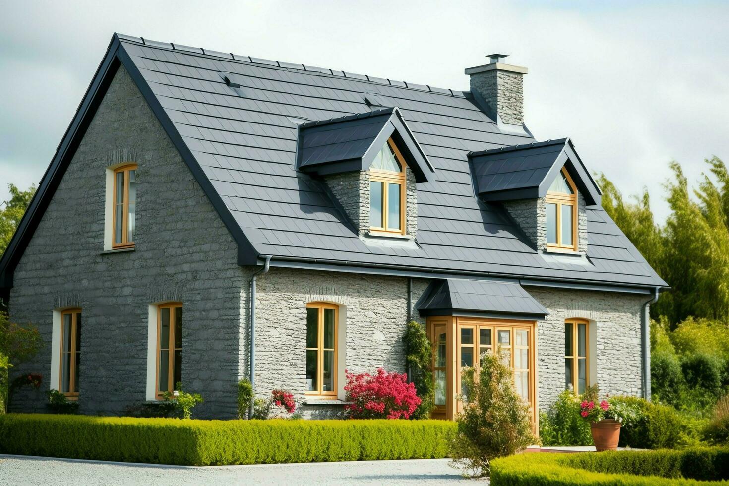 une moderne privé maison est couvert avec métal carrelage toiture ou gris ardoise toit. ancien incurvé Cadre concept par ai généré photo