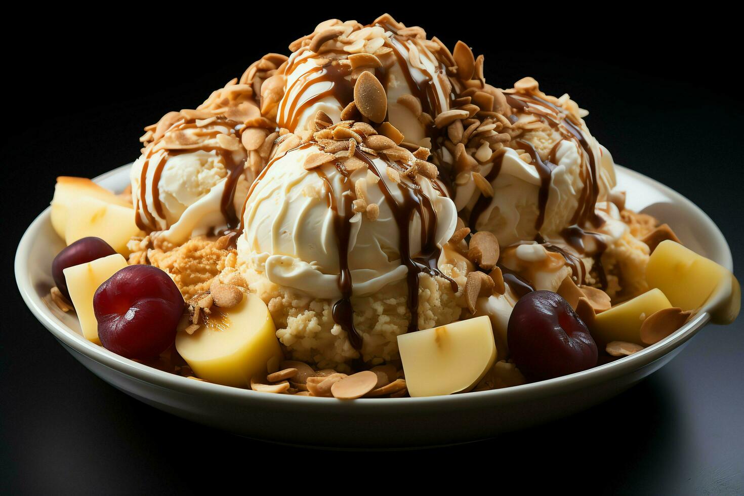 une délicieux banane Divisé la glace crème dessert avec Chocolat sirop. banane Divisé la glace crème dessert par ai généré photo