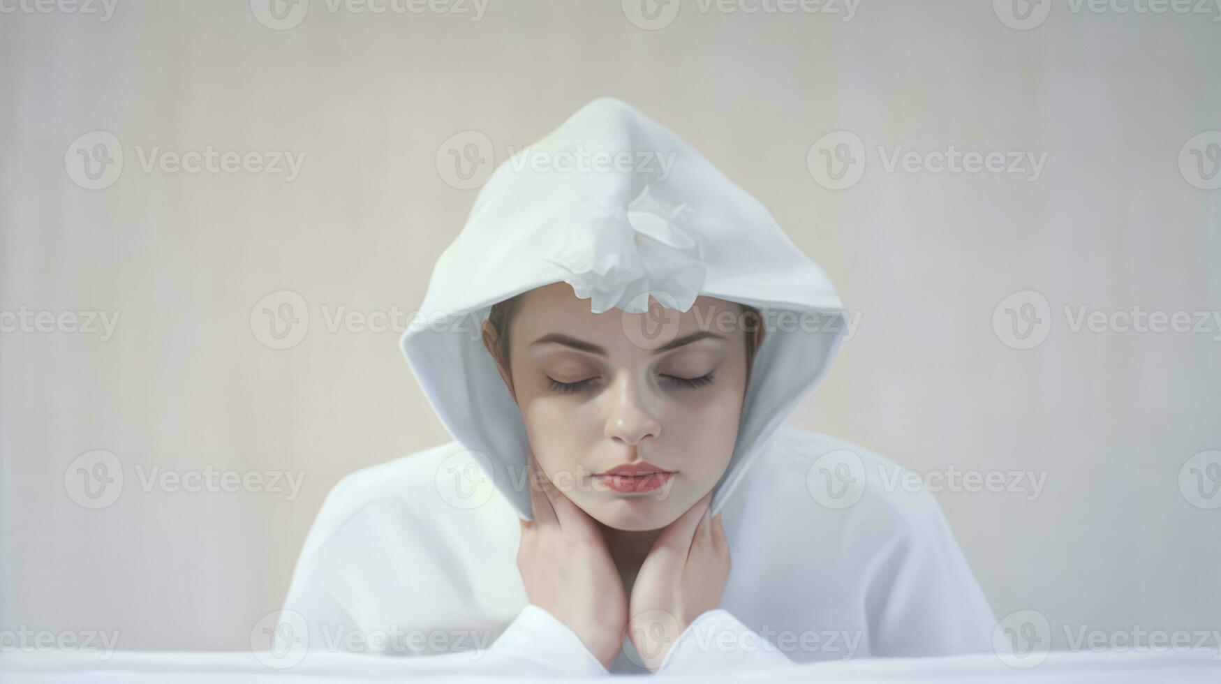 une femme habillé dans une blanc peignoir, peut-être une peignoir de bain, avec sa mains couvrant sa affronter. elle apparaît à être séance bas, peut-être sur une lit. le scène dépeint une sens de intimité ou contemplation. photo