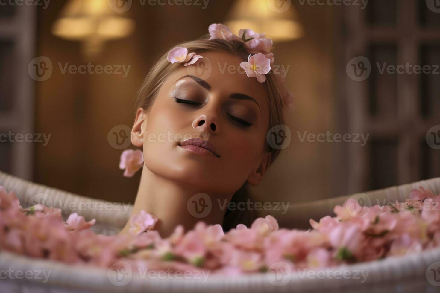 une femme pacifiquement mensonge bas, avec fleurs douche sa ou pétales chute autour sa de au-dessus de, création une calmant et apaisant atmosphère. photo