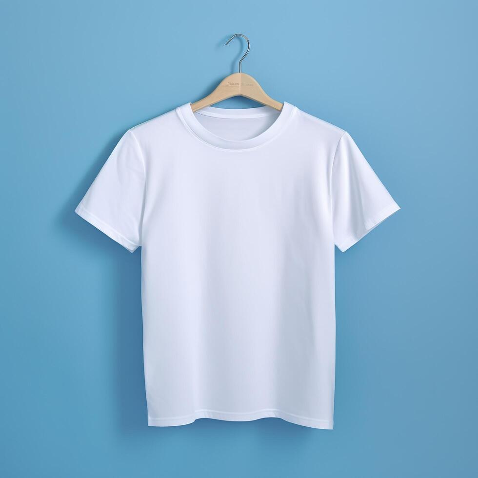 Facile blanc t chemise sur doux bleu Contexte. ai génératif photo