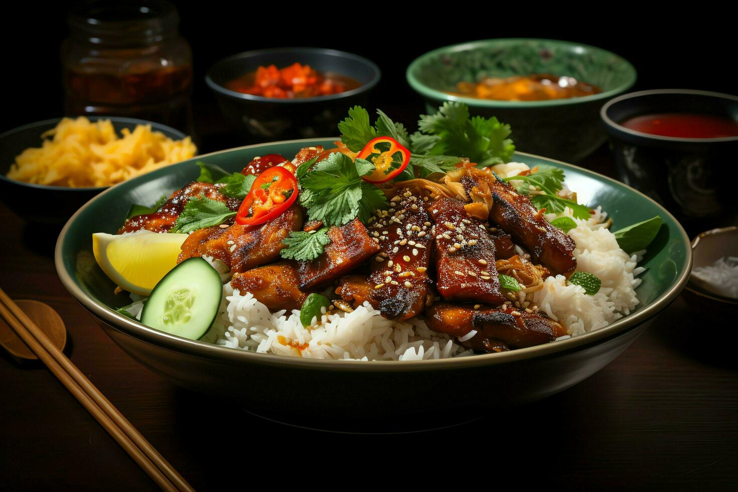 nasi goreng indonésien traditionnel aliments. frit riz poulet avec des œufs et épicé épices par friture concept par ai généré photo