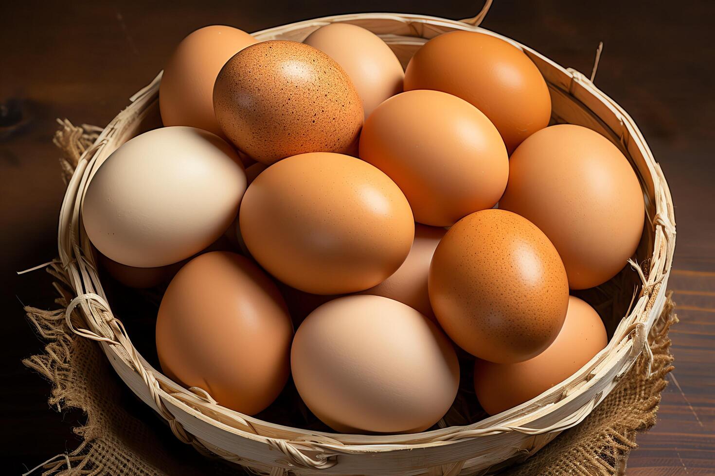 une lot tas de Frais poulet des œufs sur le en bois, nid ou paille panier. éco des œufs les courses en bonne santé concept par ai généré photo