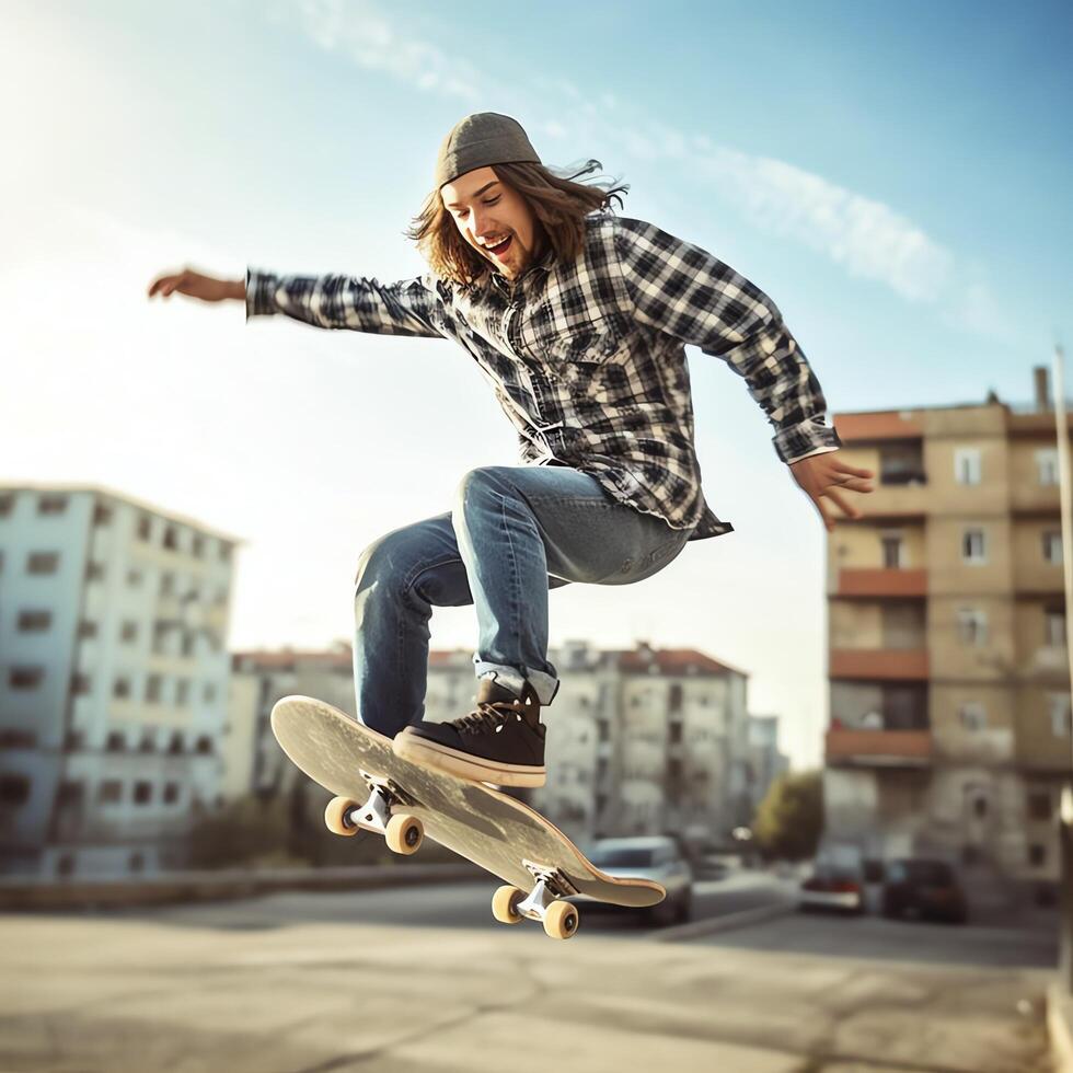 une caucasien homme Faire des trucs ou sauter sur une planche à roulette à le rue. Jeune homme avec patineur sauter concept par ai généré photo