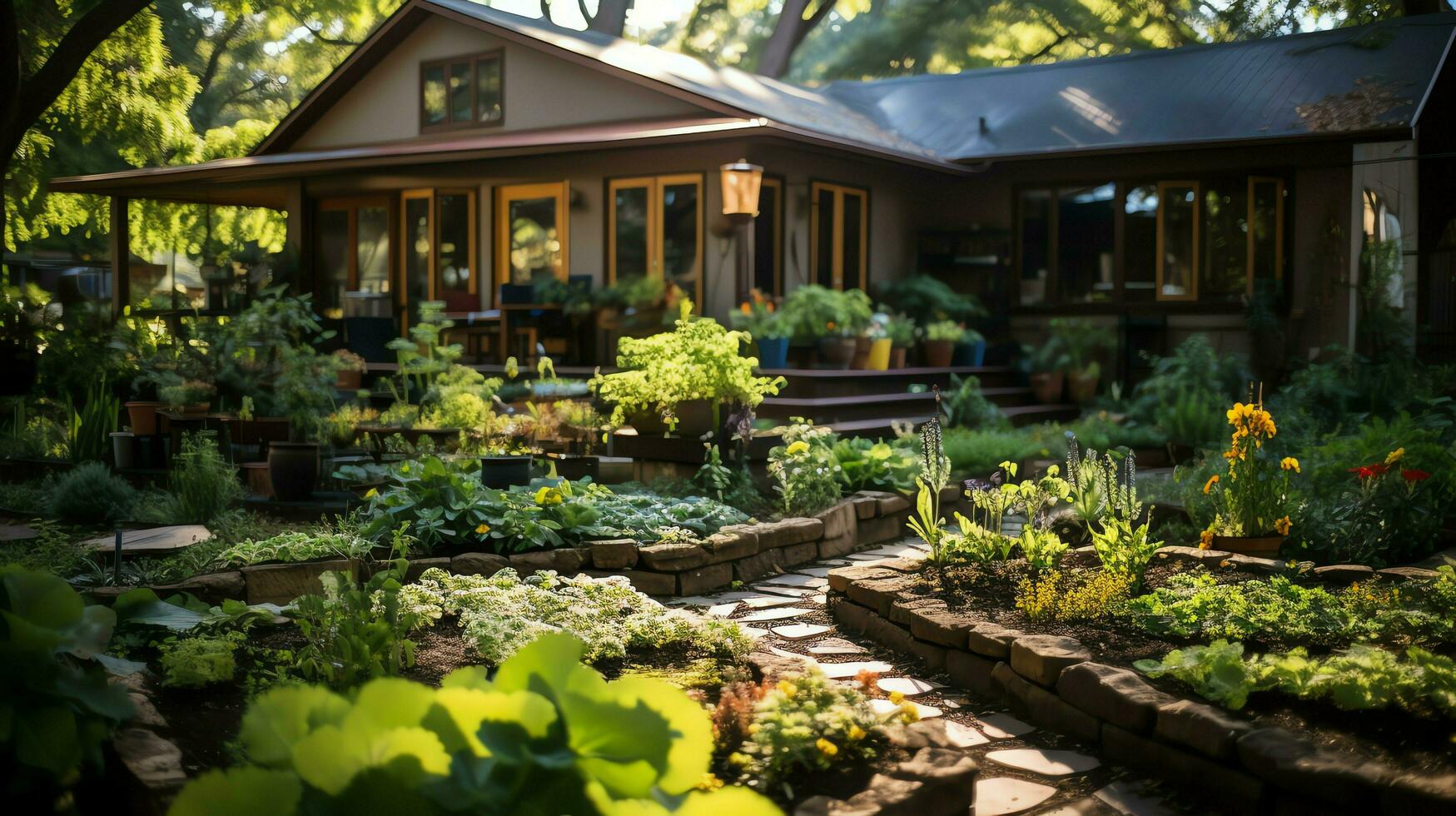 en bois maison dans village avec les plantes et fleurs dans arrière-cour jardin. jardin et fleur sur rural maison concept par ai généré photo