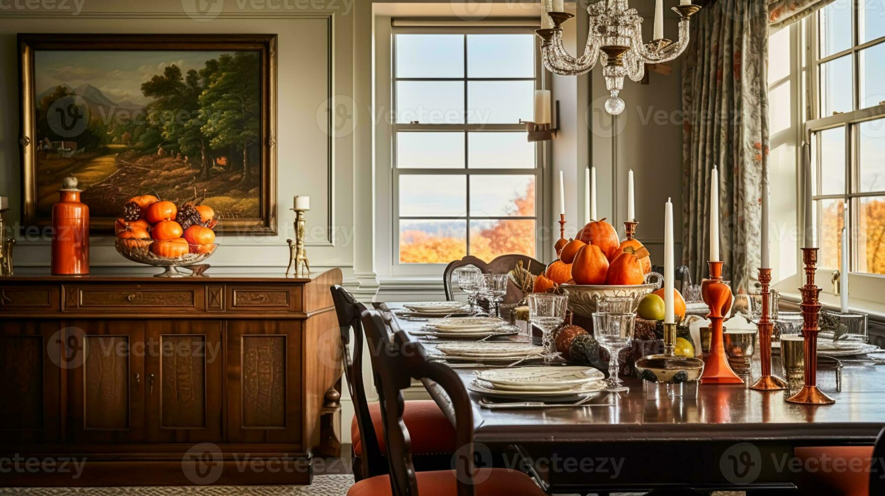 à manger pièce décor, intérieur conception et l'automne vacances fête, élégant automnal table décoration avec bougies et fleurs, Accueil décor et pays chalet style photo