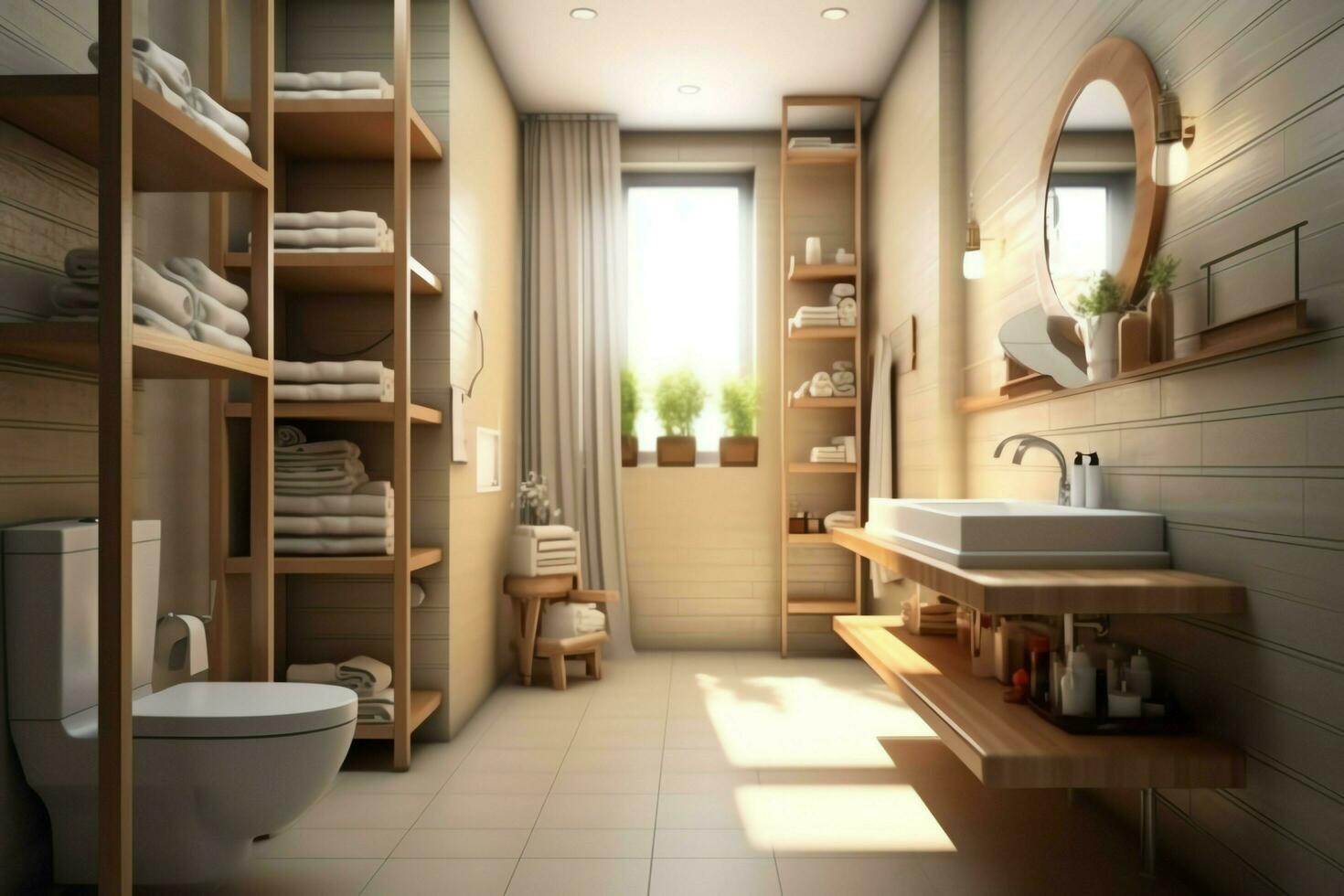 intérieur conception de une agréable moderne salle de bains. 3d le rendu moderne toilette ou salle de bains dans Hôtel ou maison concept par ai généré photo