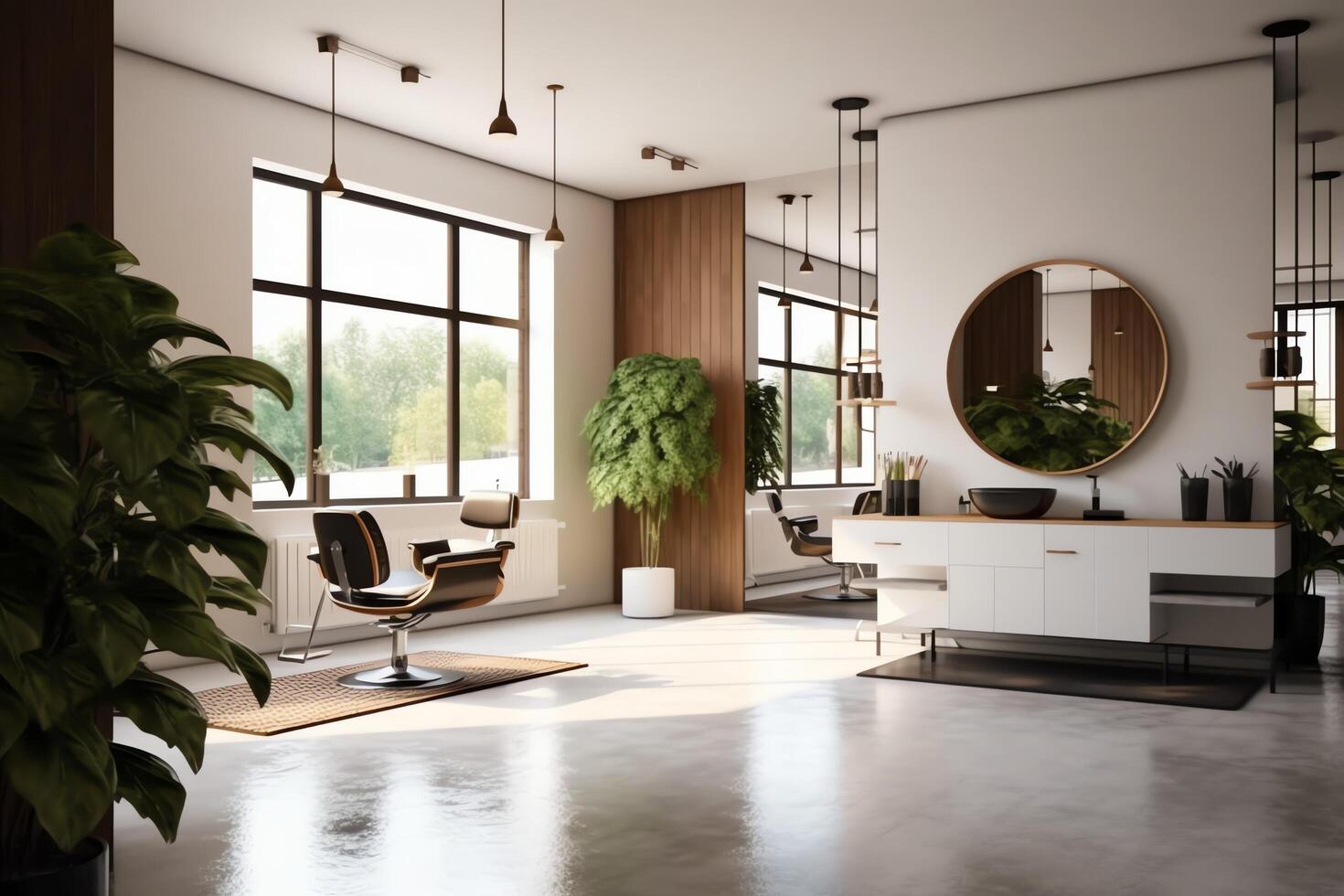 moderne salon de coiffure intérieur avec miroirs chaise et autre équipement près les fenêtres. chaises dans salon de coiffure concept par ai généré photo