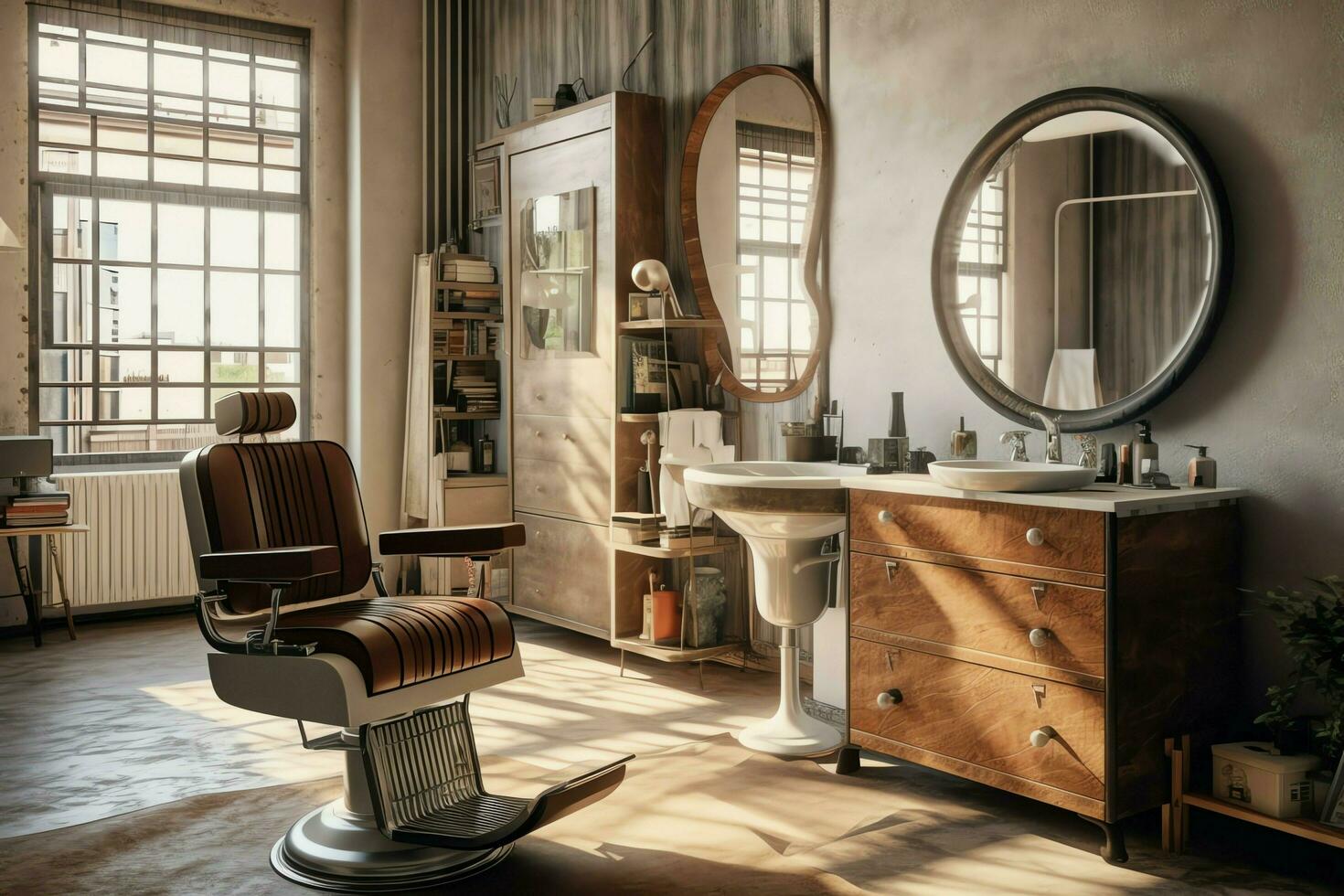 moderne salon de coiffure intérieur avec miroirs chaise et autre équipement près les fenêtres. chaises dans salon de coiffure concept par ai généré photo