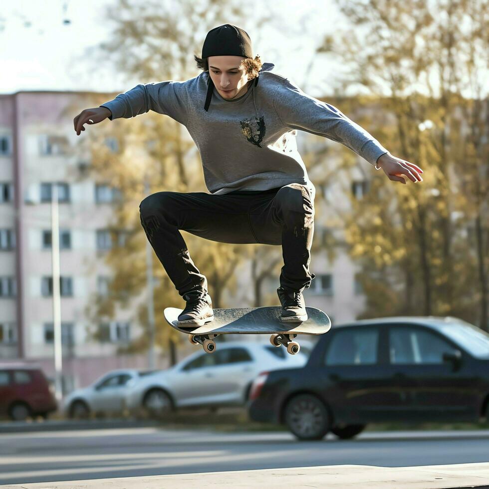 une caucasien homme Faire des trucs ou sauter sur une planche à roulette à le rue. Jeune homme avec patineur sauter concept par ai généré photo