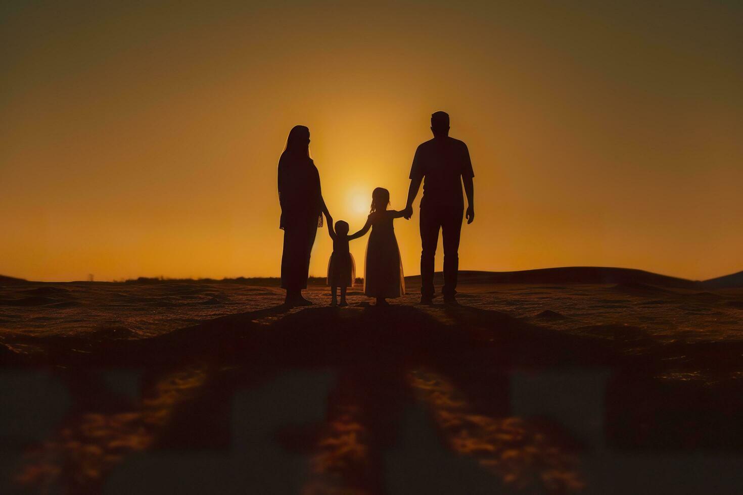 ombre de content famille ensemble, Parents avec leur peu bébé à le coucher du soleil. une silhouette de l'amour et unité. ai génératif photo