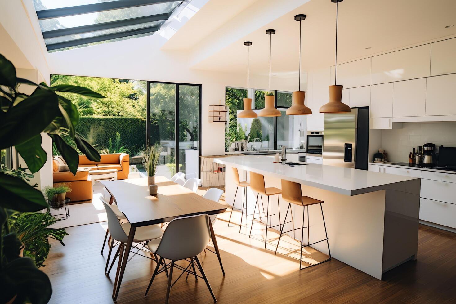 moderne cuisine intérieur conception dans appartement ou maison avec meubles. luxe cuisine Accueil scandinave concept par ai généré photo