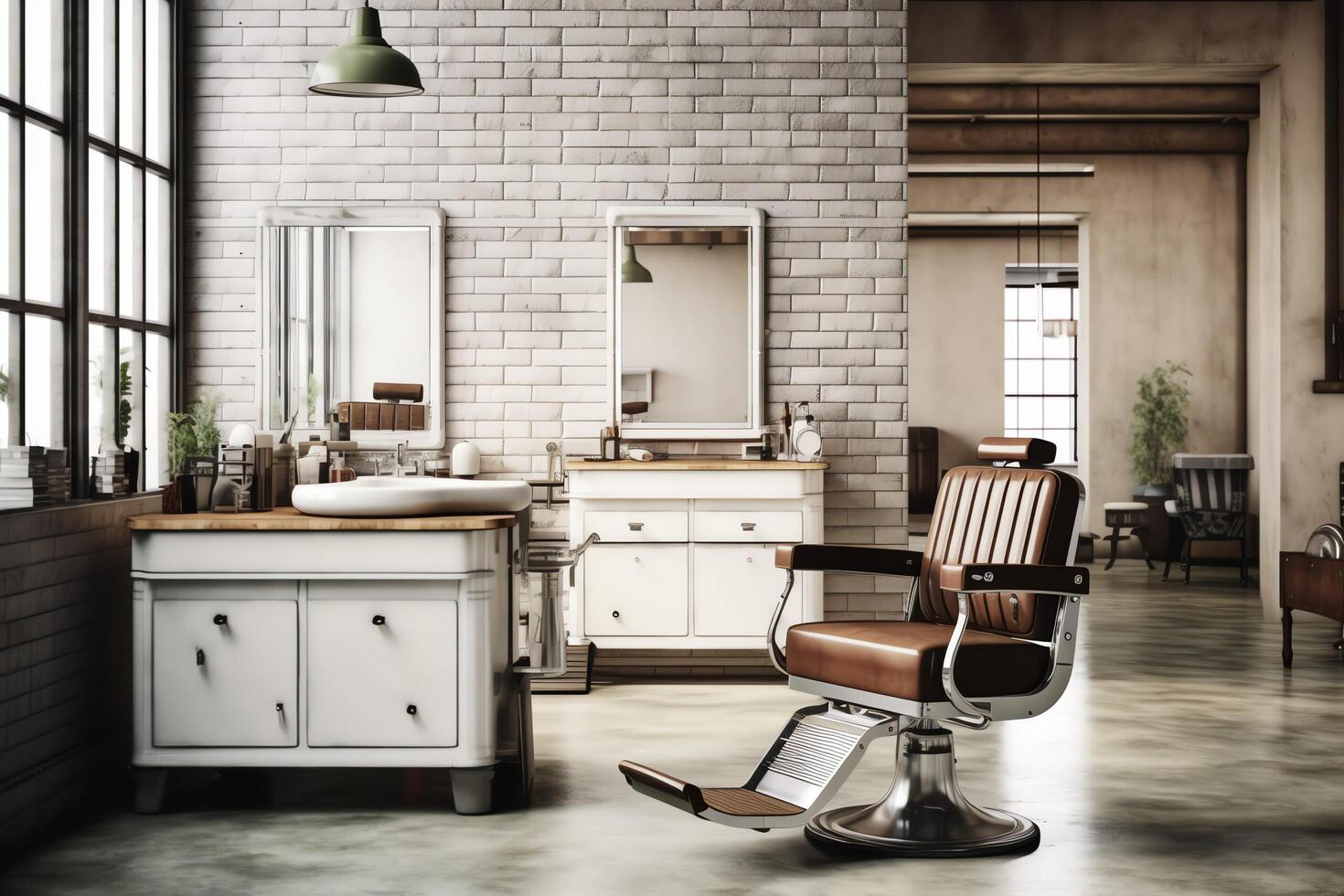 moderne salon de coiffure intérieur avec miroirs chaise et autre équipement près les fenêtres. chaises dans salon de coiffure concept par ai généré photo