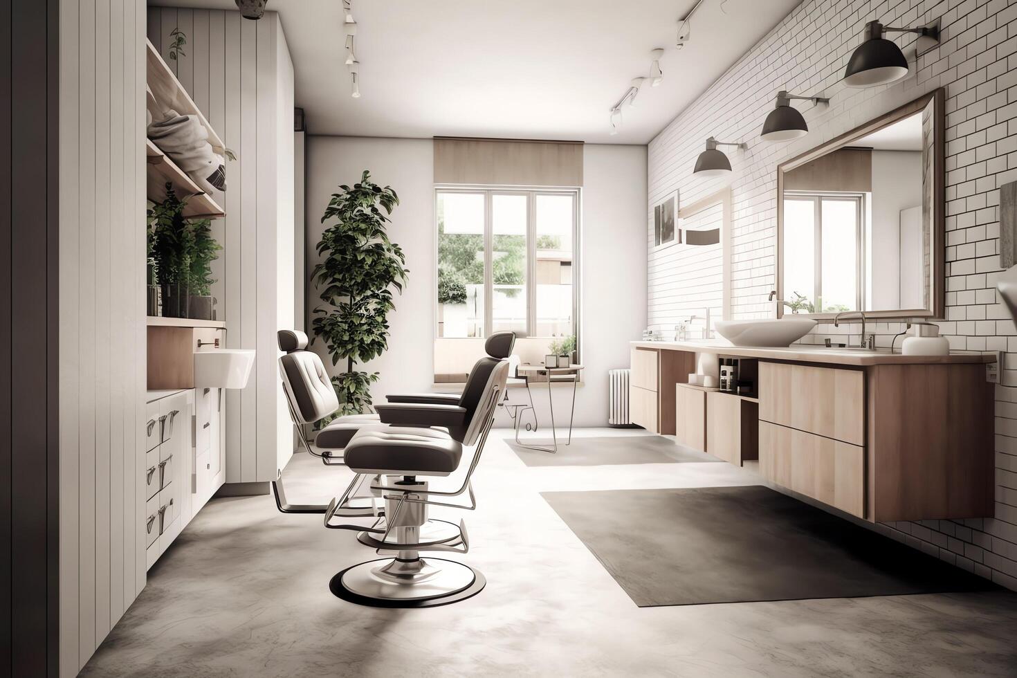 moderne salon de coiffure intérieur avec miroirs chaise et autre équipement près les fenêtres. chaises dans salon de coiffure concept par ai généré photo