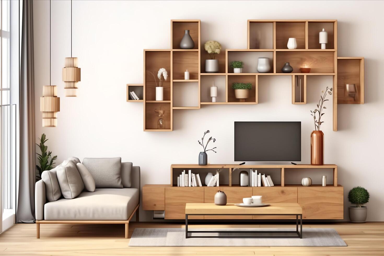 moderne appartement intérieur dans vivant ou chambre conception avec travail tableau, meubles, et étagère à livres. luxe Accueil scandinave concept par ai généré photo