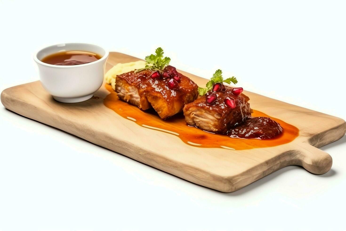 porc ventre braaivleis avec mangue et le Chili sauce servi sur une en bois planche. restaurant nourriture concept par ai généré photo