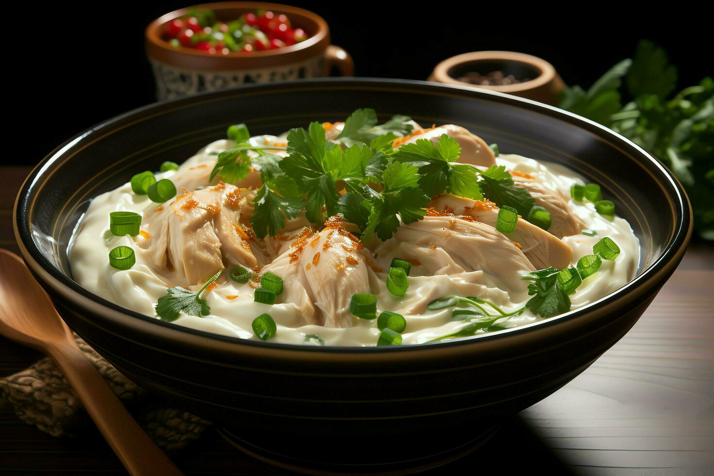 une délicieux poulet soupe nourriture avec des légumes dans une bol. hiver nourriture et haute protéine soupe repas concept par ai généré photo