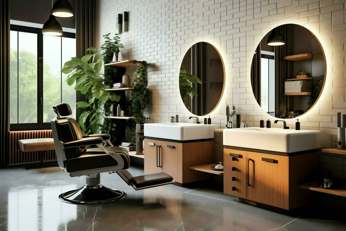 moderne salon de coiffure intérieur avec miroirs chaise et autre équipement près les fenêtres. chaises dans salon de coiffure concept par ai généré photo