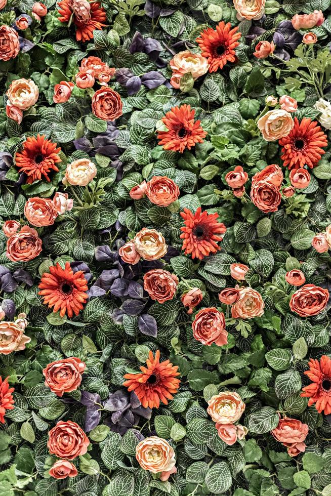 fond de chrysanthèmes rouges et roses artificiels de printemps et de roses pivoines dans le jardin. printemps. mur fleuri. photo
