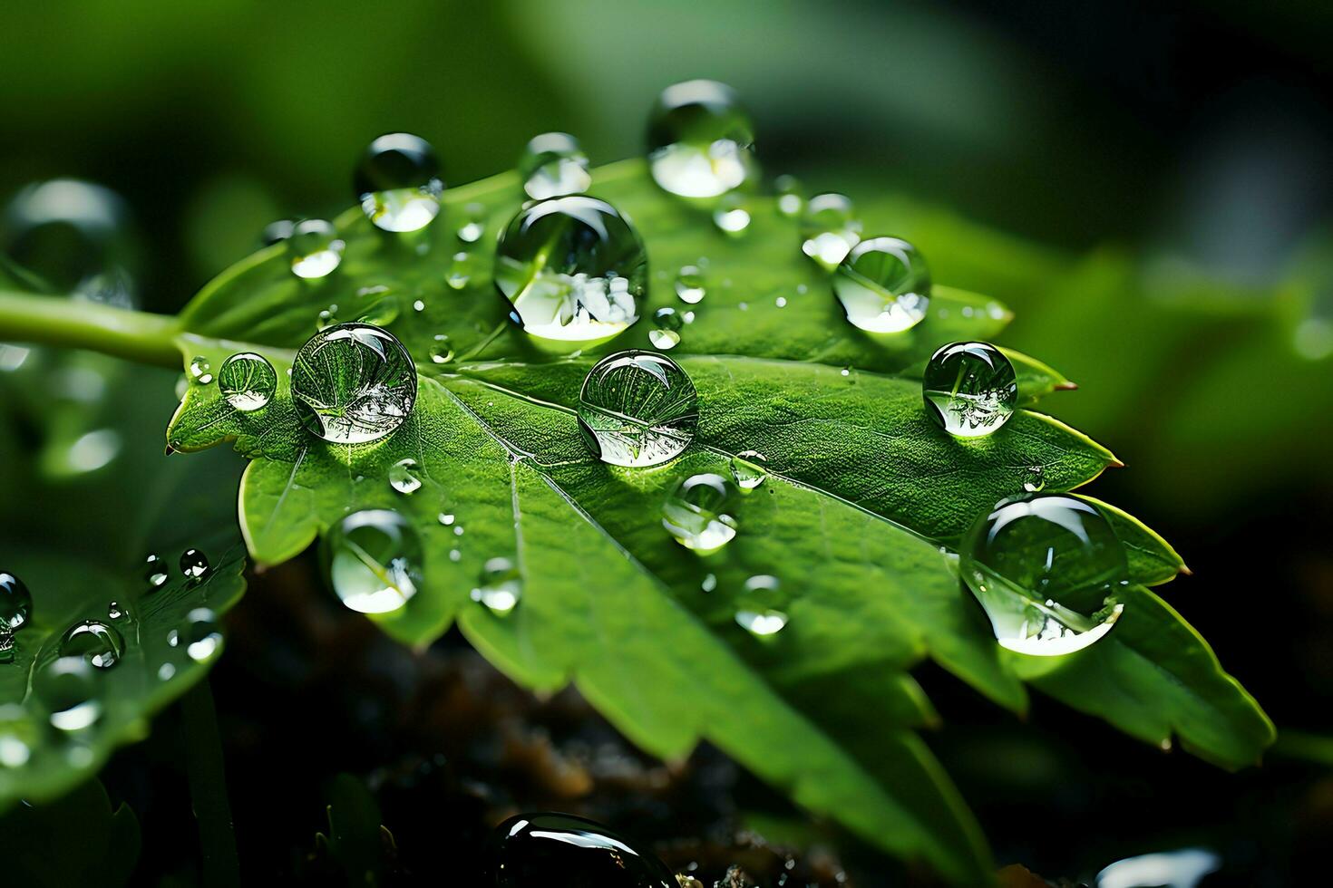macro coup de vert feuilles avec l'eau gouttelettes, rosée ou pluie laissez tomber sur eux. vert feuille la nature forêt concept par ai généré photo