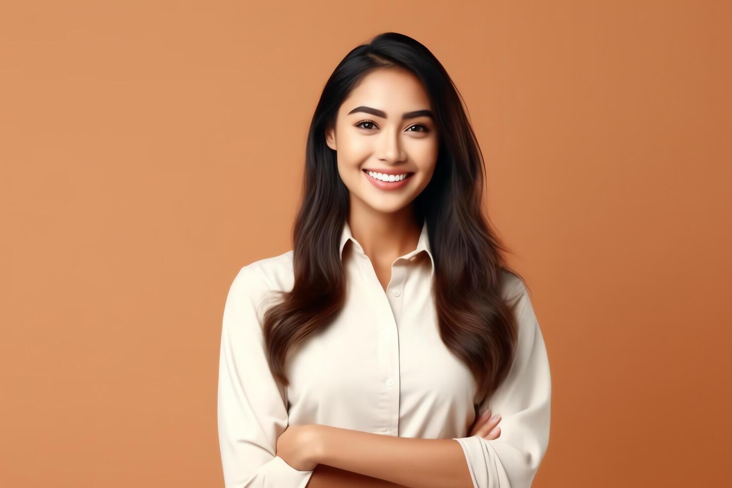 magnifique asiatique femme dans décontractée avec sourire joyeux. studio coup asiatique femme permanent main geste concept par ai généré photo