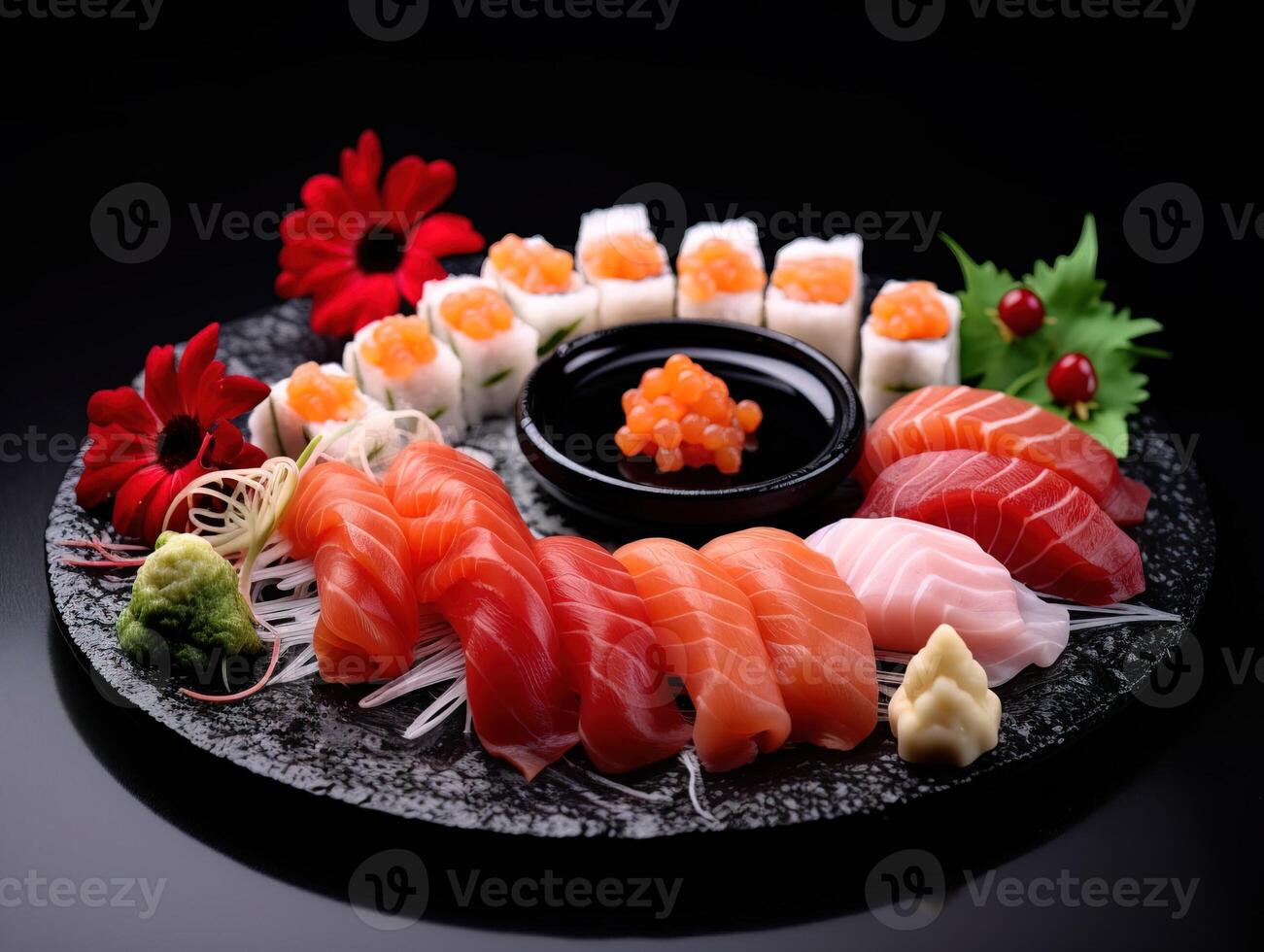 Frais Sushi Rouleaux avec une variété repas sur assiette sur une noir en bois planche généré par ai photo