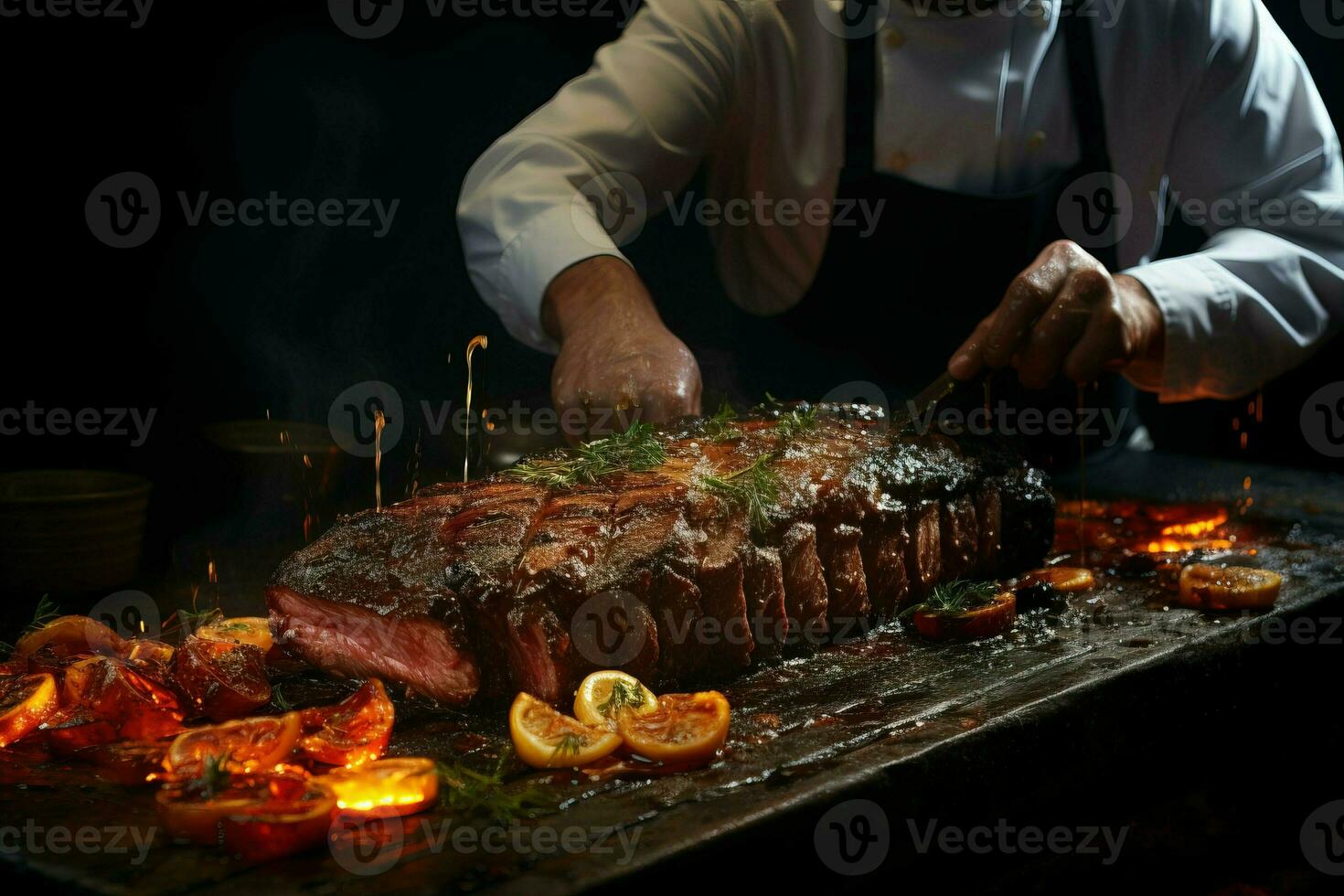 chef est en train de préparer grillé steak plat généré par ai photo