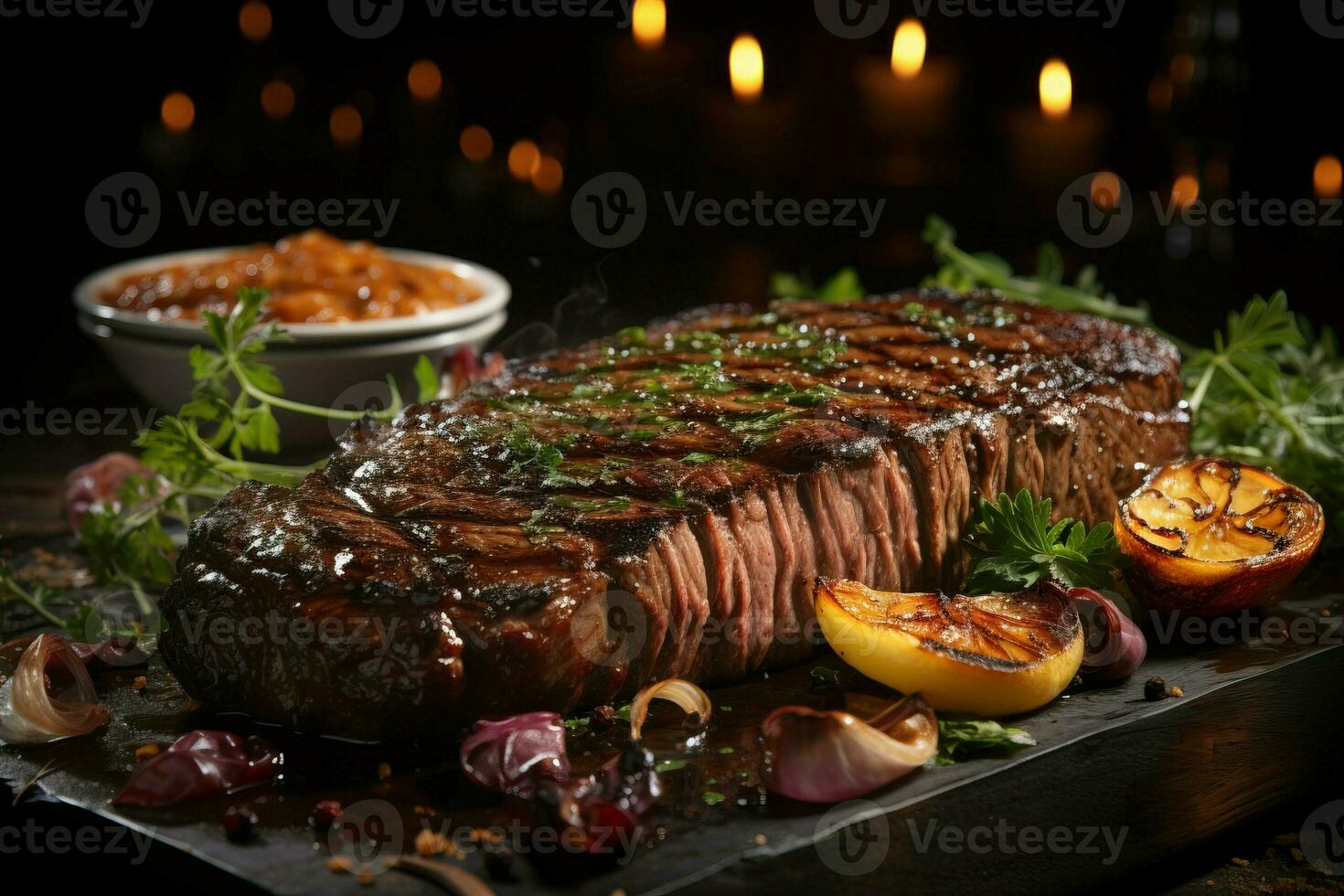 délicieux grillé steak sur rustique en bois assiette prêt à manger généré par ai photo