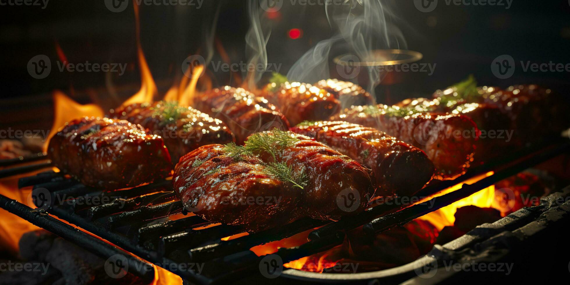 ai généré. ai génératif. un barbecue gril barbecue steak beed porc saucisses sur Feu préparer Viande aliments. fête jardin restaurant ambiance. graphique art photo