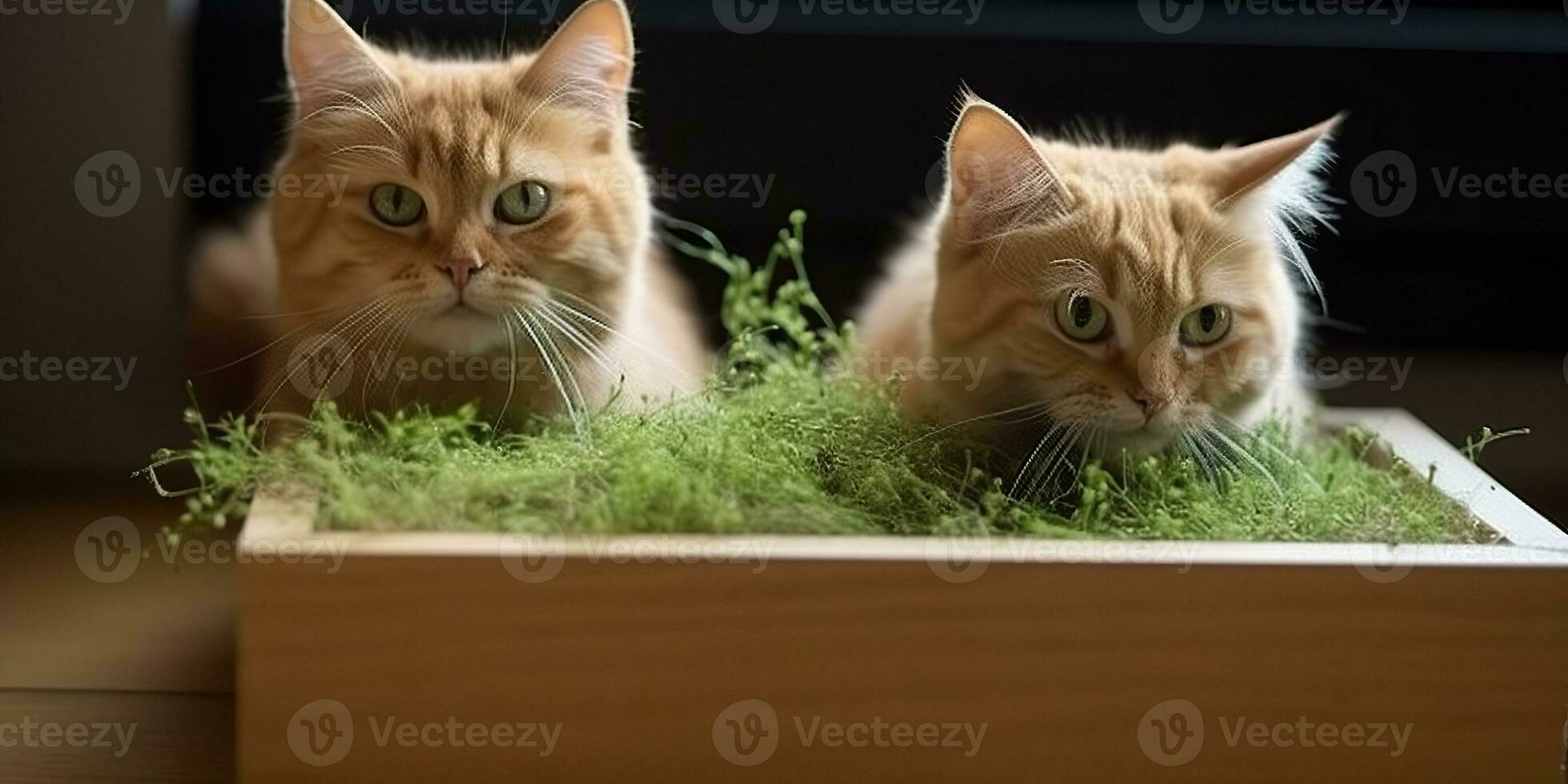 ai généré. ai génératif. chats avec herbe à chat sur photo manger en bonne santé plante ensemble. l'amour animal de compagnie romantique animaux domestiques. graphique art