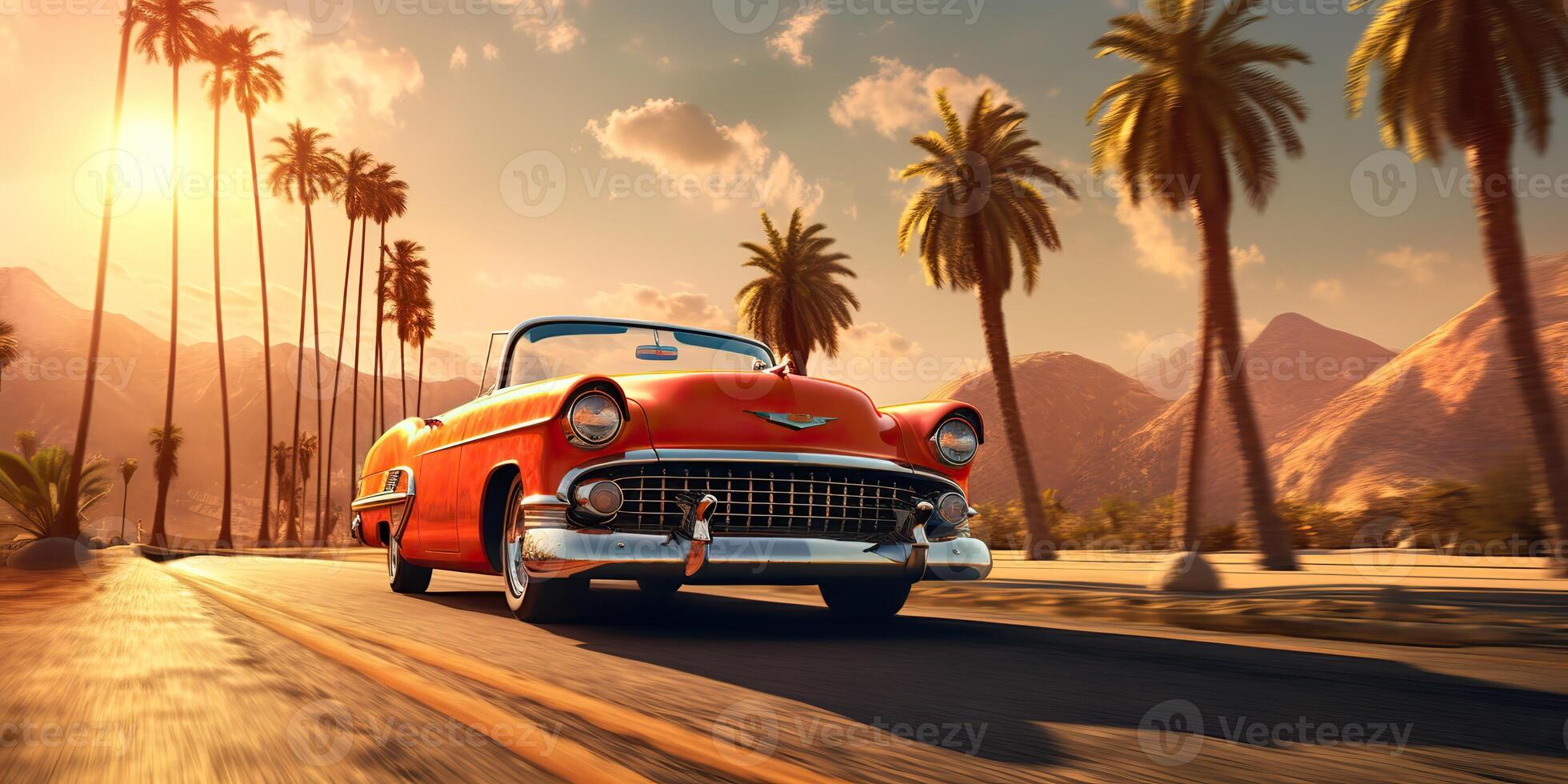 ai généré. ai génératif. ancien rétro classique tige chaud muscle voiture ancien rétro sur Californie route voyage. graphique art photo