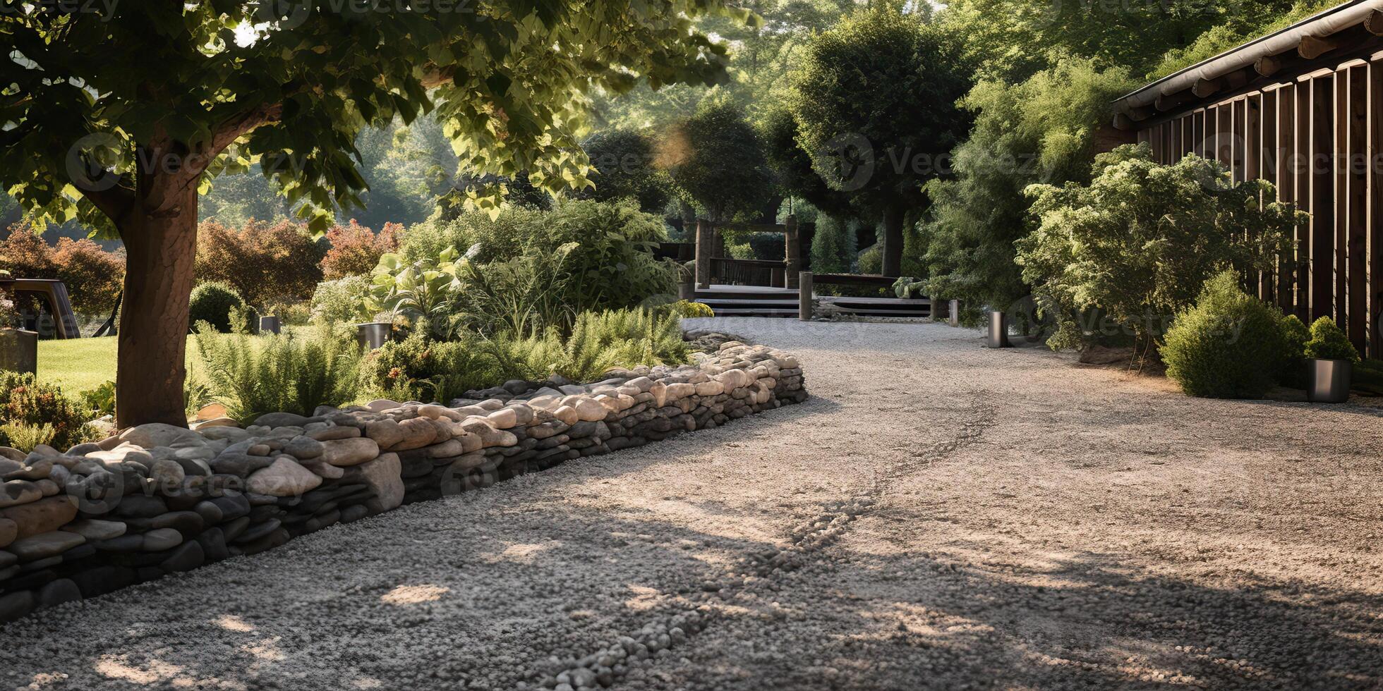 ai généré. ai génératif. beau paix marcher sentier chemin route avec la tombe et chênes autour. vert parc jardin paysage aventure vacances. graphique art photo