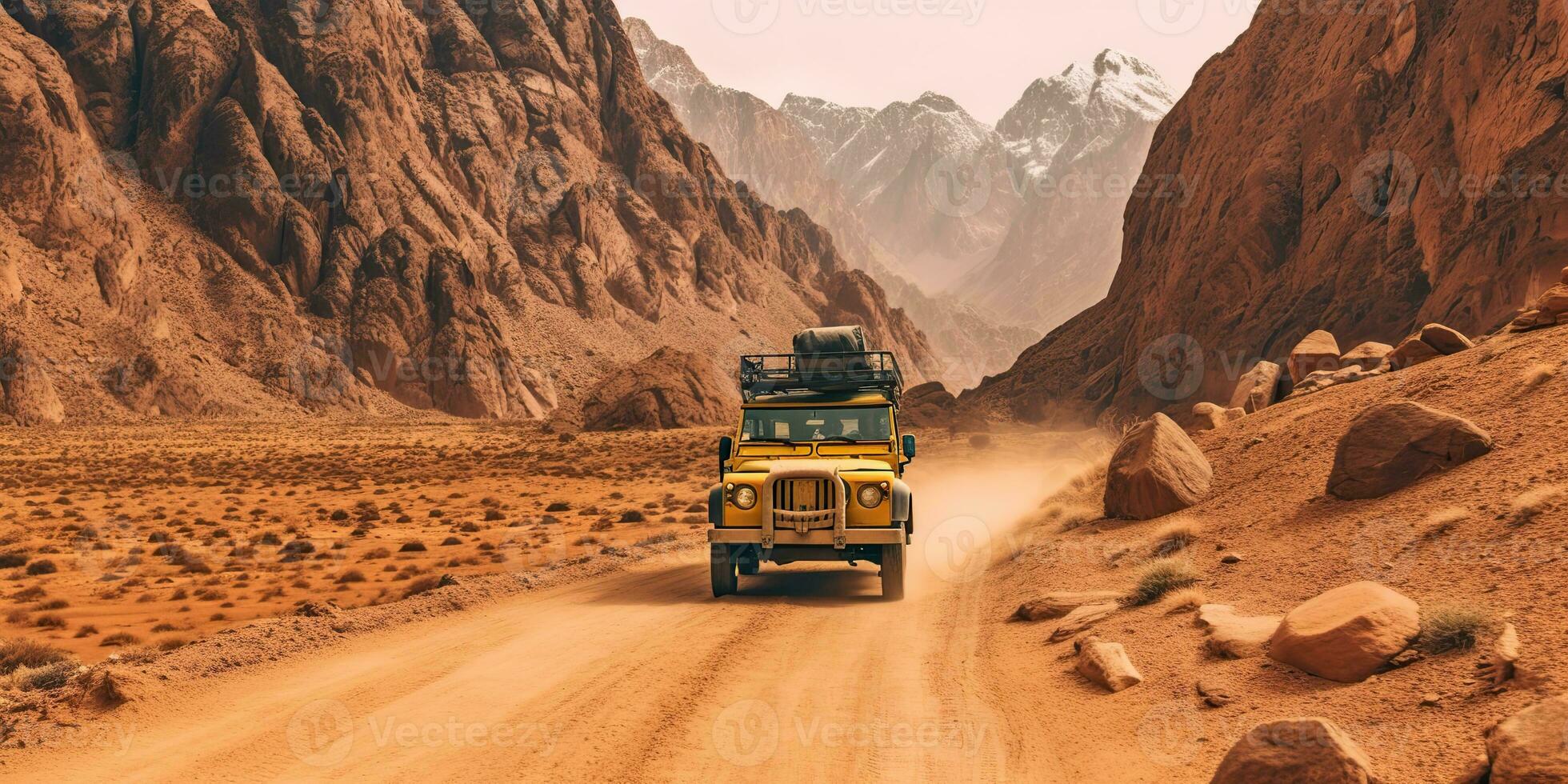 ai généré. ai génératif. voiture jeep véhicule dans désert le sable paysage. route aventure voyage Voyage vacances. graphique art photo