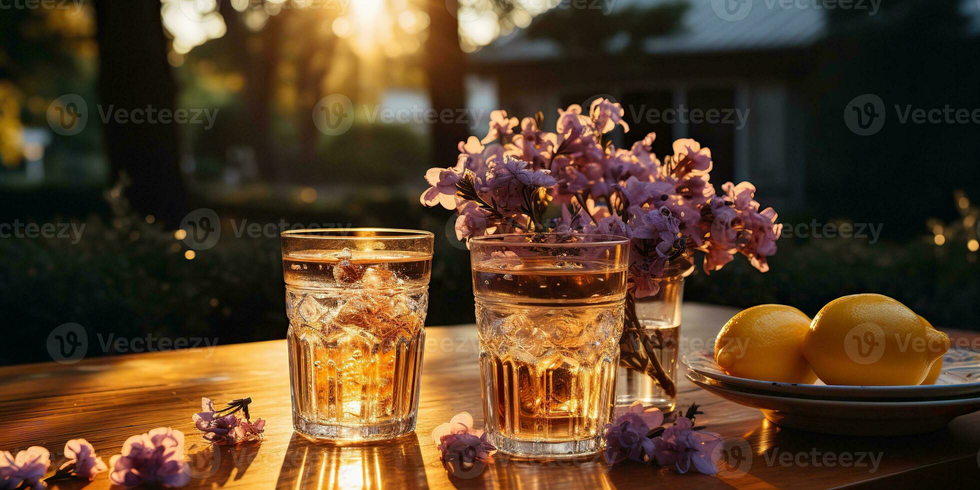 ai généré. ai génératif. lavande des cocktails avec plante fleur. rafraîchir boisson boisson dans verre sur coucher de soleil soir sur bois tableau. fête famille ambiance. graphique art photo