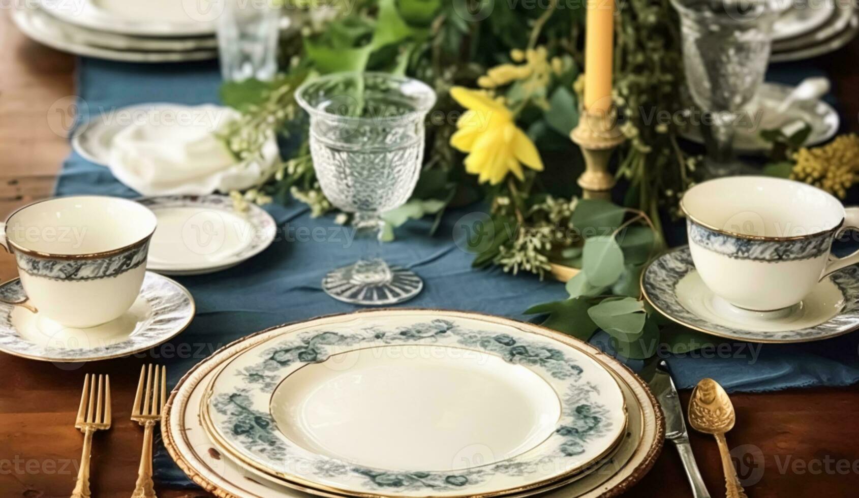 formel vacances paysage de table avec bleu décor, dîner table paramètre, table scape avec élégant vaisselle et vaisselle pour mariage fête et événement, génératif ai photo