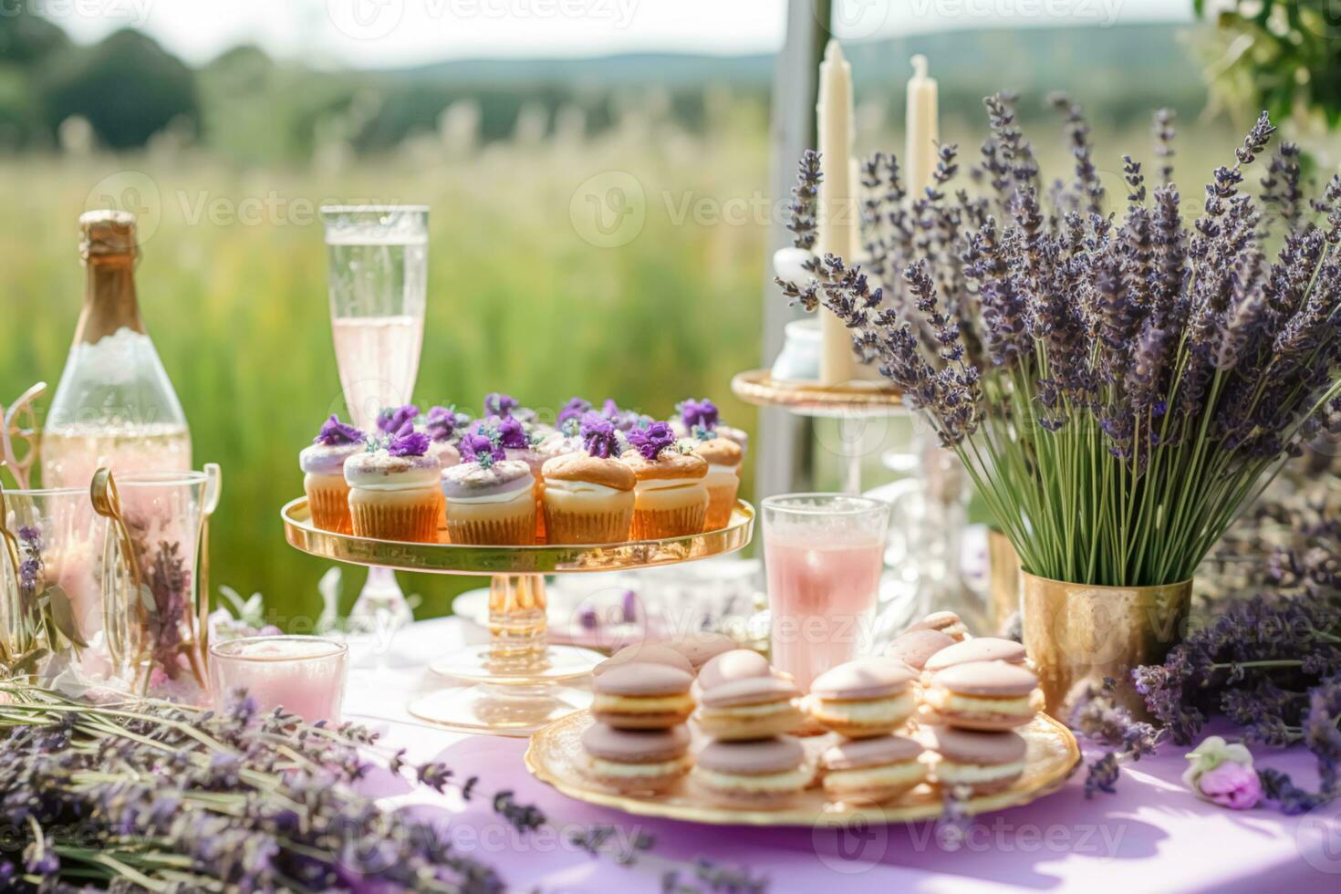 dessert buffet tableau, nourriture restauration pour mariage, fête vacances fête, lavande décor, Gâteaux et desserts dans une pays jardin, génératif ai photo