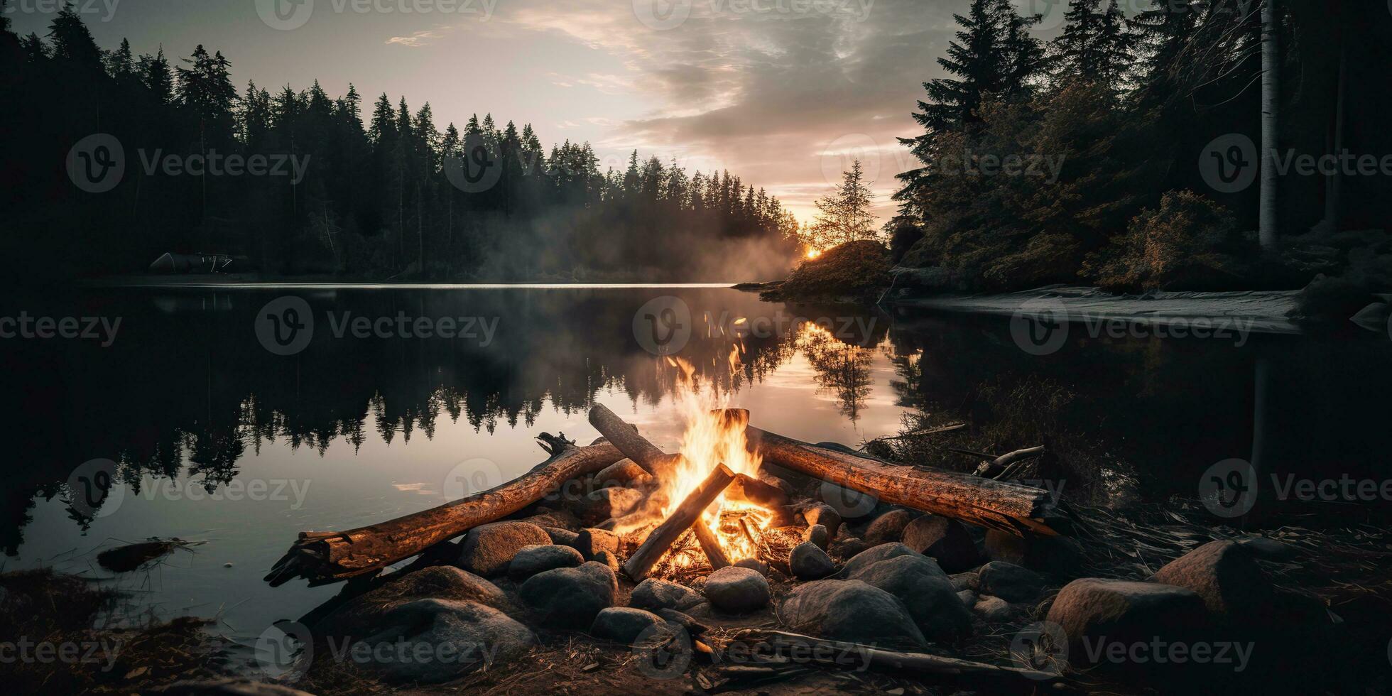 ai généré. ai génératif. Extérieur la nature sauvage paysage feu feu de camp camp flamme se détendre refroidissement Lac plage côté. aventure voyage se détendre ambiance. graphique art photo