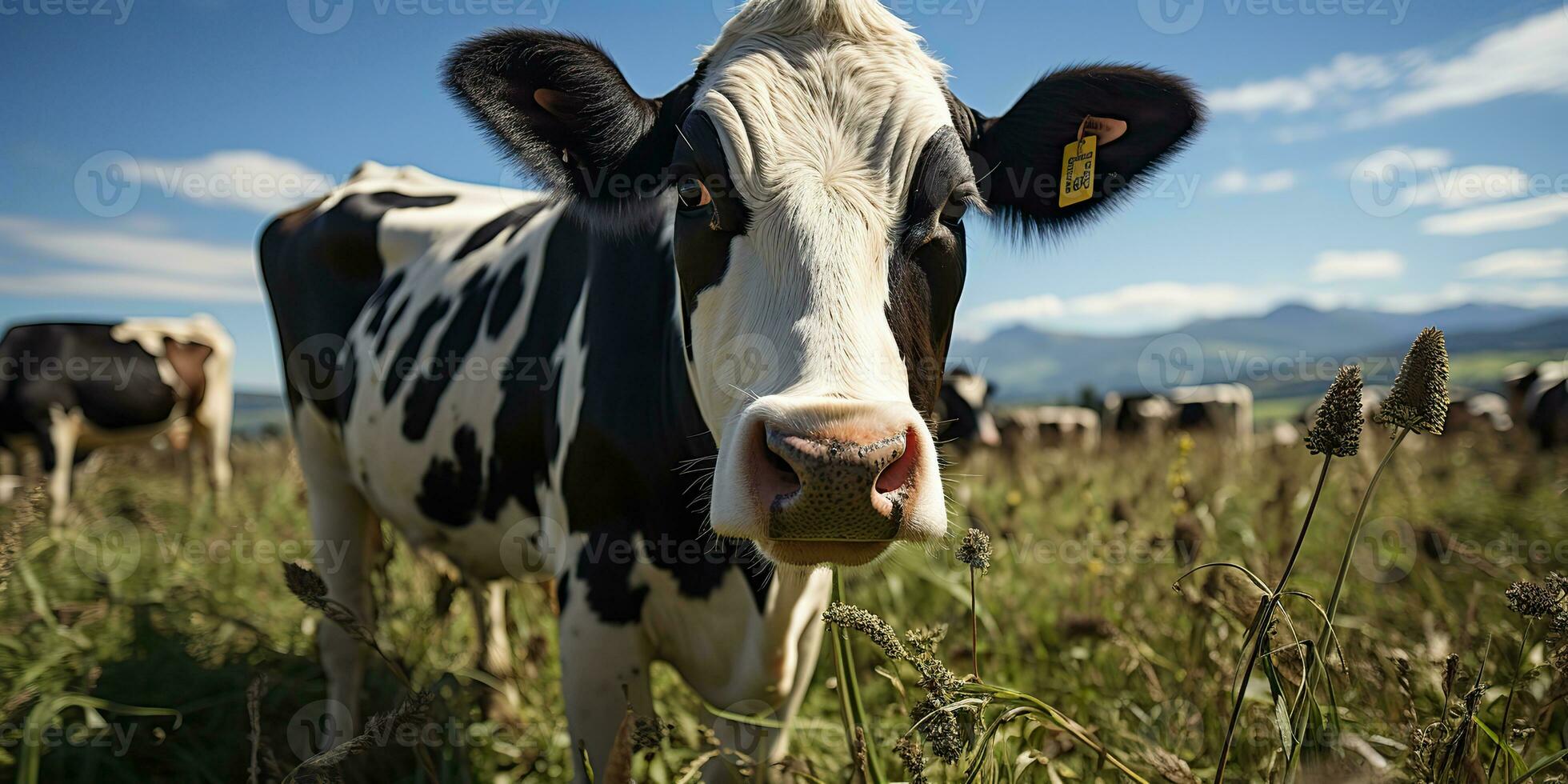 ai généré. ai génératif. vache animal visage frontal marrant portrait à vert champ cultiver. paysage agriculture la nature Extérieur village vivre style. graphique art photo