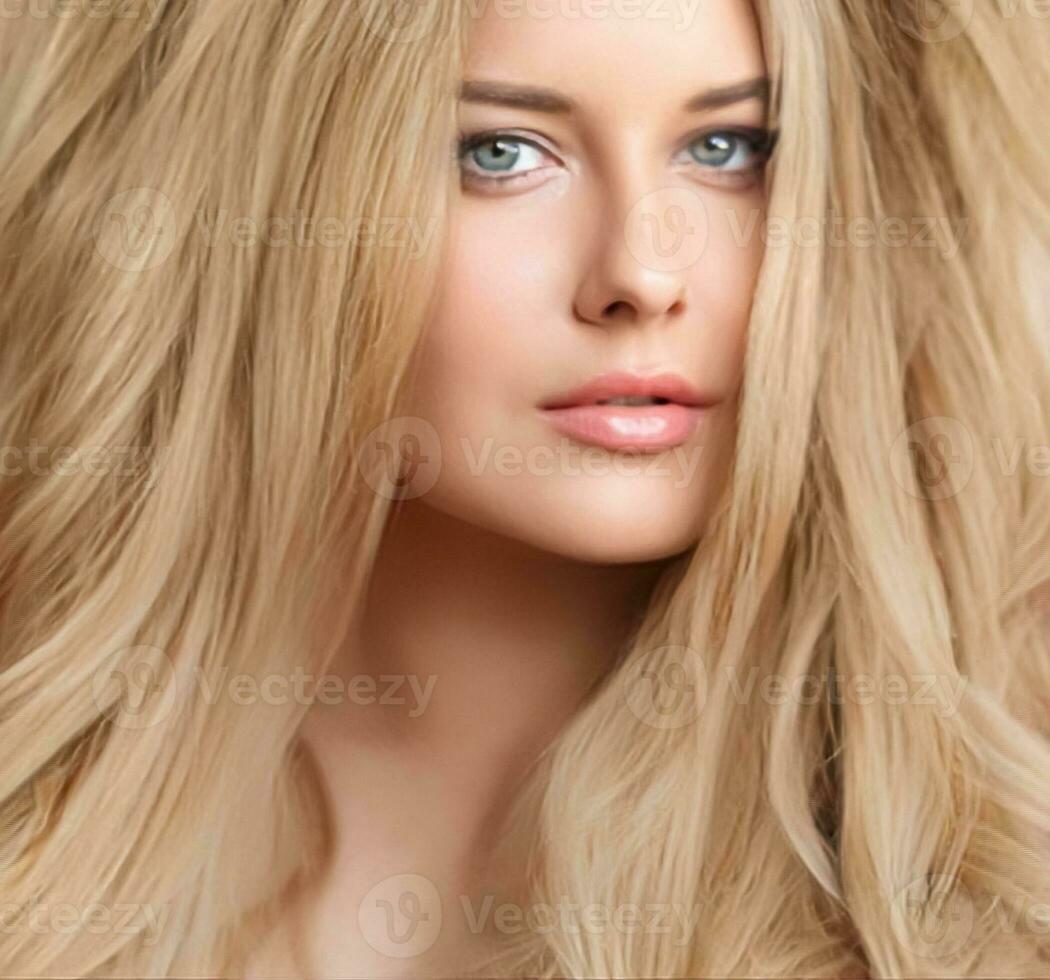 coiffure, beauté et cheveux se soucier, magnifique blond femme avec longue blond cheveux, charme portrait pour cheveux salon et soin des cheveux photo