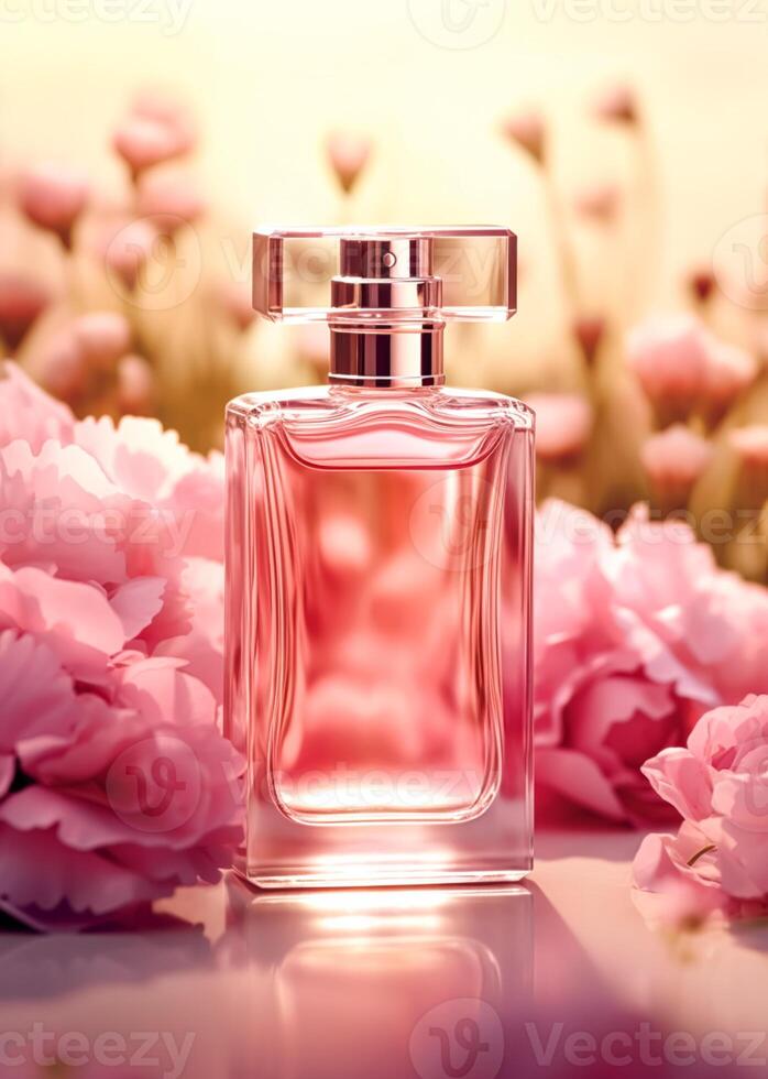 luxueux floral flairer, fragrance bouteille et rose fleurs, parfum commercial dans fleur jardin, sur mesure parfumerie et beauté produit vente, génératif ai photo