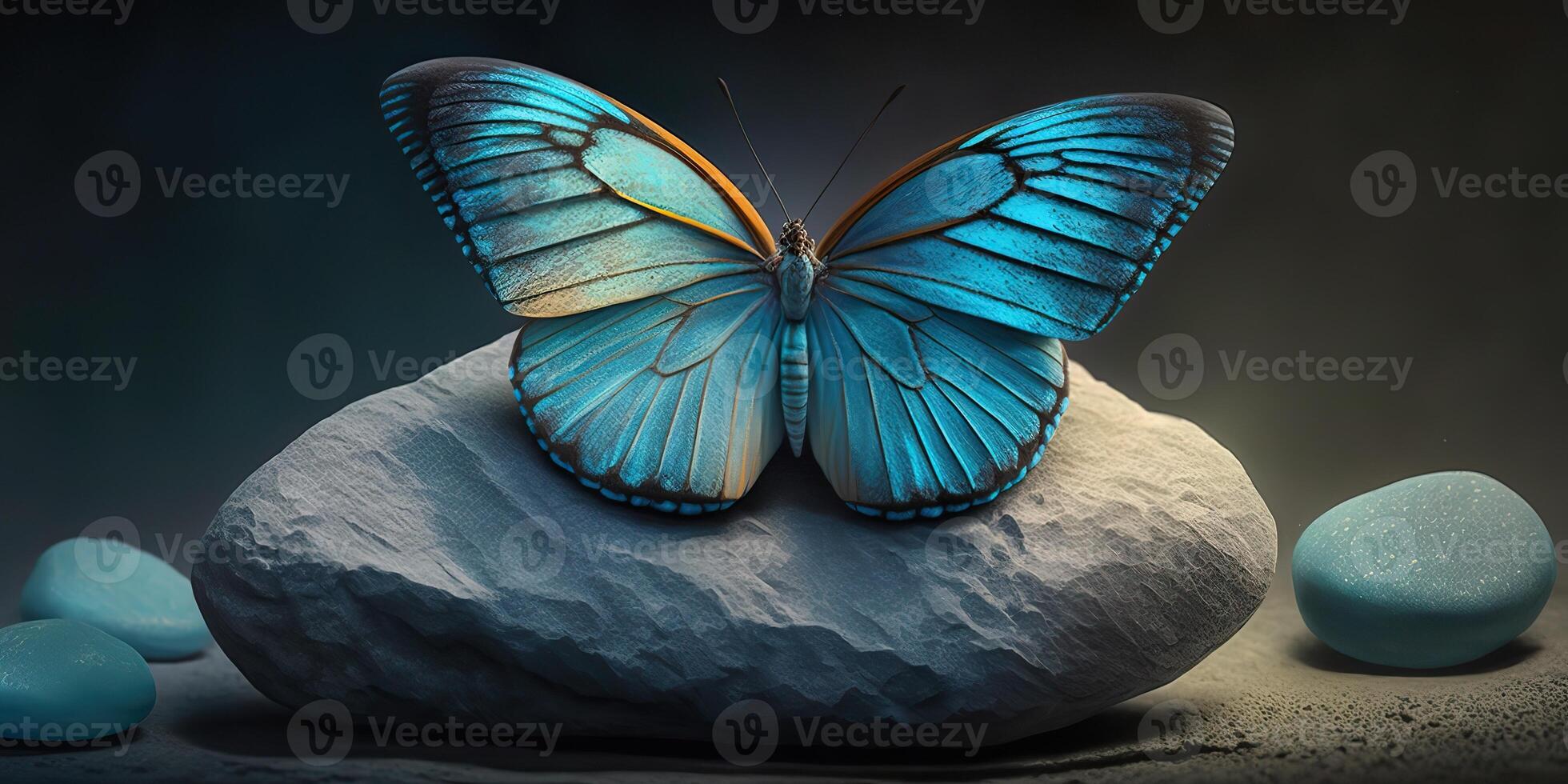 ai généré. ai génératif. magnifique bleu papillon sur Zen pierre Galet. calme méditation la nature Extérieur paysage. Zen spirituel ambiance. graphique art photo