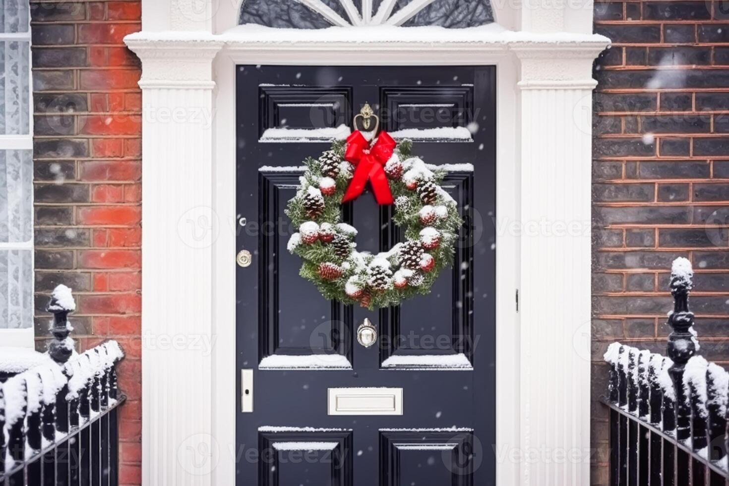 Noël vacances, pays chalet et neige hiver, couronne décoration sur une porte, joyeux Noël et content vacances vœux, génératif ai photo