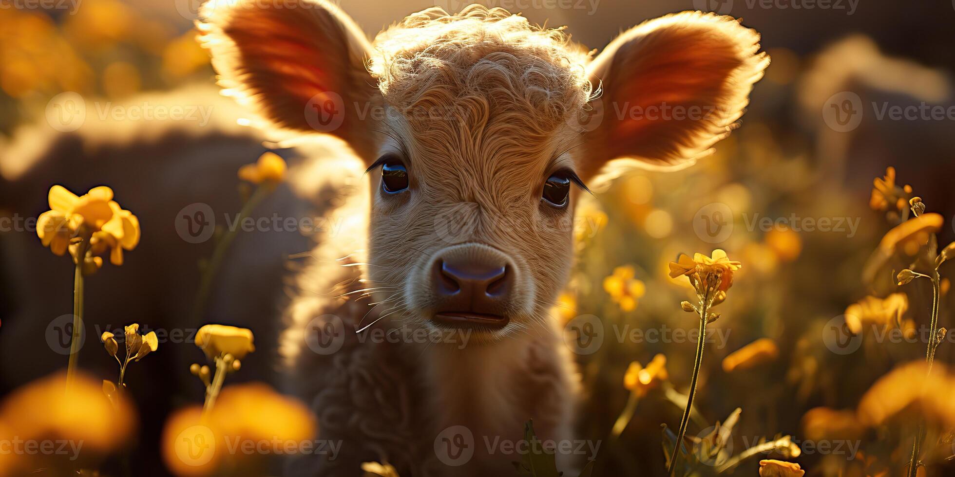 ai généré. ai génératif. magnifique Jeune titre veau sur tournesol champ à le coucher du soleil. la nature paysage ferme vache animal ambiance. graphique art photo