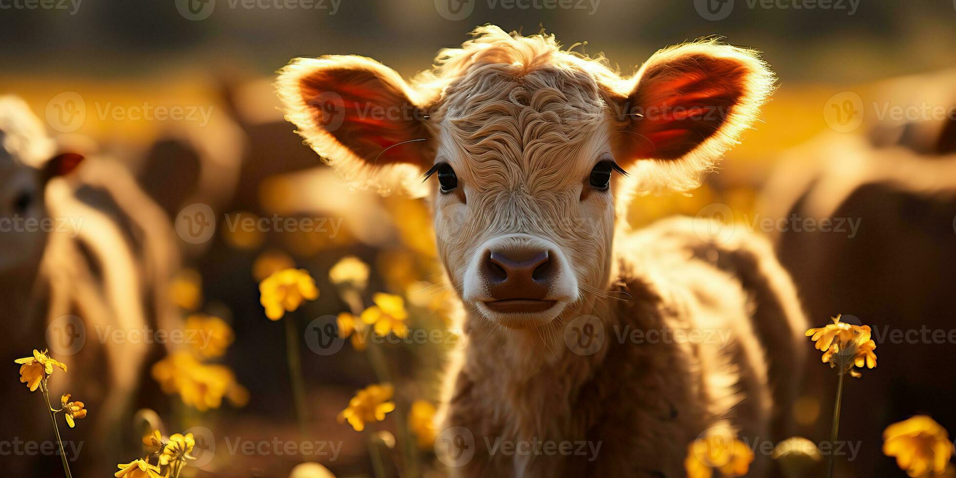 ai généré. ai génératif. magnifique Jeune titre veau sur tournesol champ à le coucher du soleil. la nature paysage ferme vache animal ambiance. graphique art photo