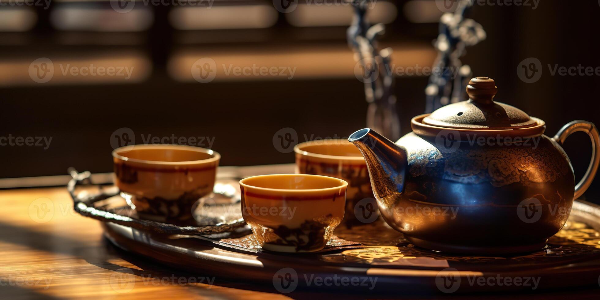 ai généré. ai génératif. traditionnel classer ancien rétro la cérémonie chinois Asie te théière tasse table rituel en bois tableau. calme interne paix se détendre boisson temps ambiance. graphique art photo